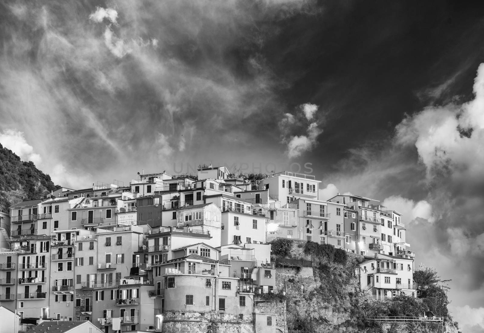 Black and white scenic view of Cinque Terre. Five Lands, Italy by jovannig