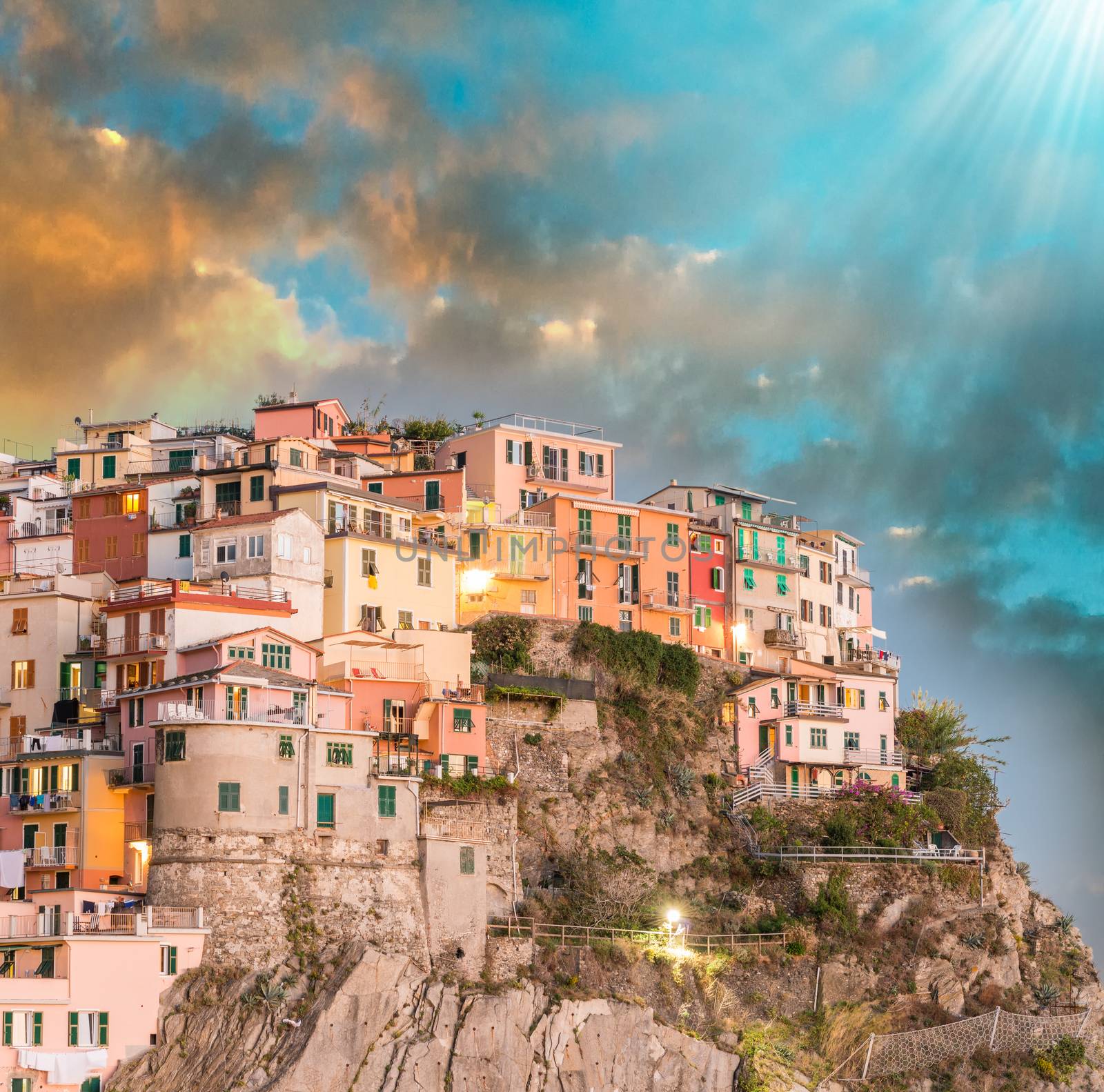 Manarola, Cinque Terre. Sunset over Five Lands, Italy.