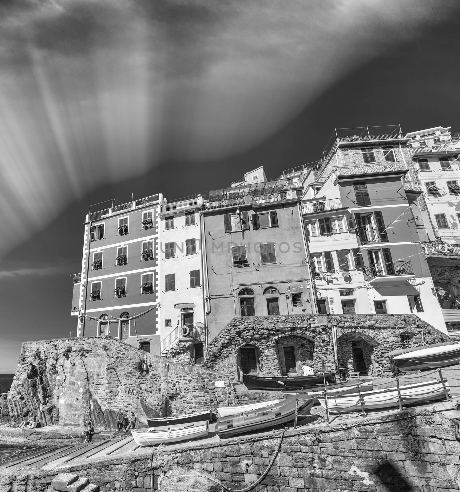 Black and white scenic view of Cinque Terre. Five Lands, Italy by jovannig