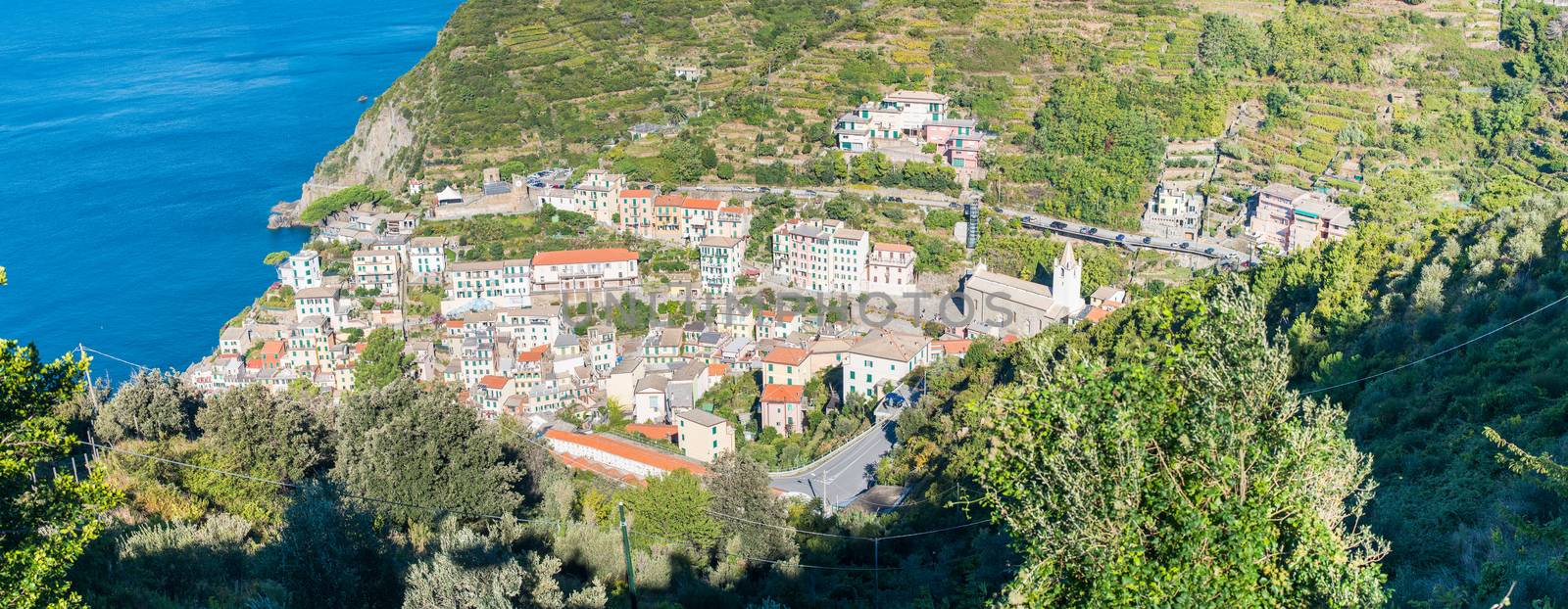 Aerial view of Riomaggiore on a sunny day. Five Lands, Italy by jovannig