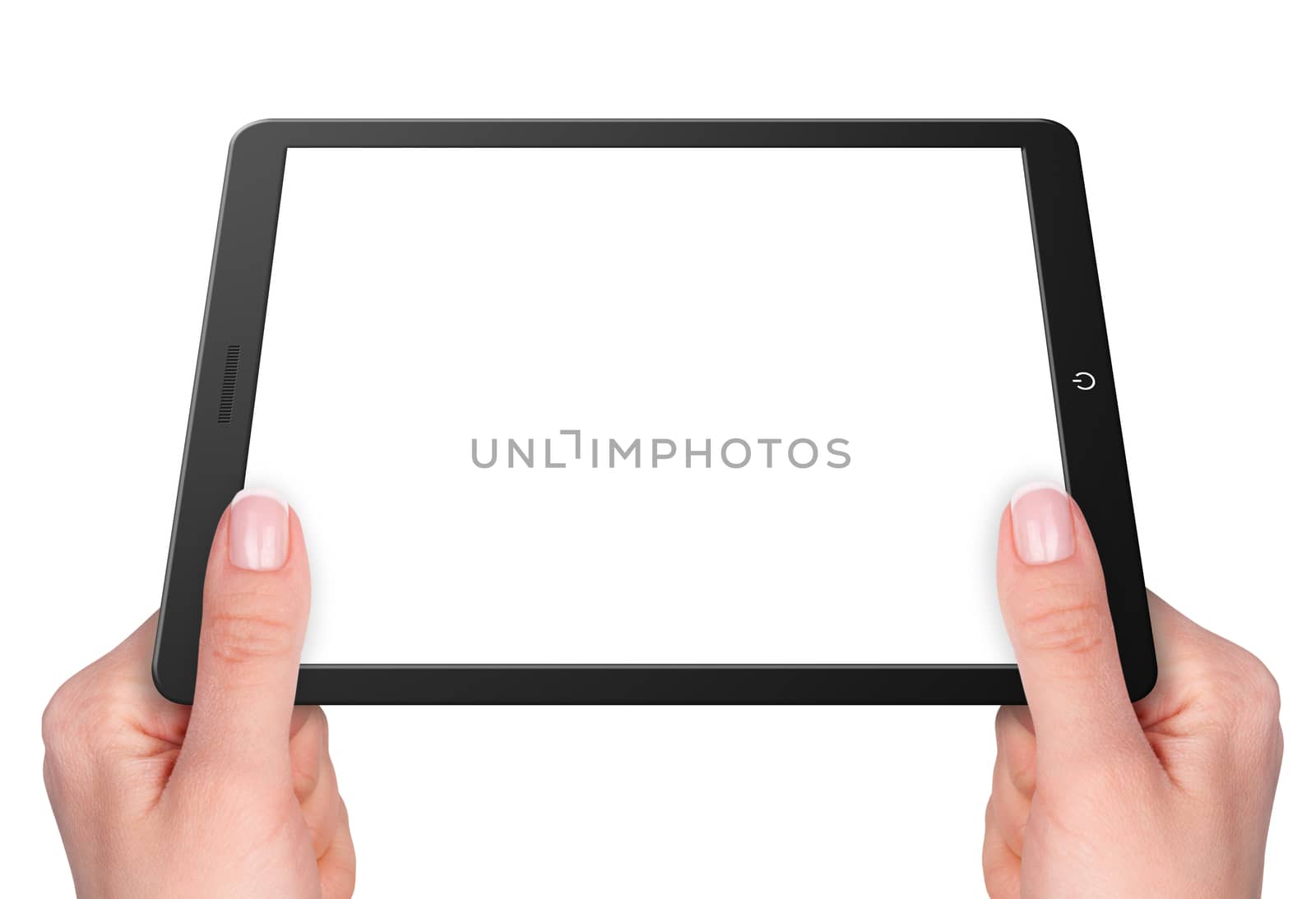 Modern computer tablet with hands. Isolated on white background