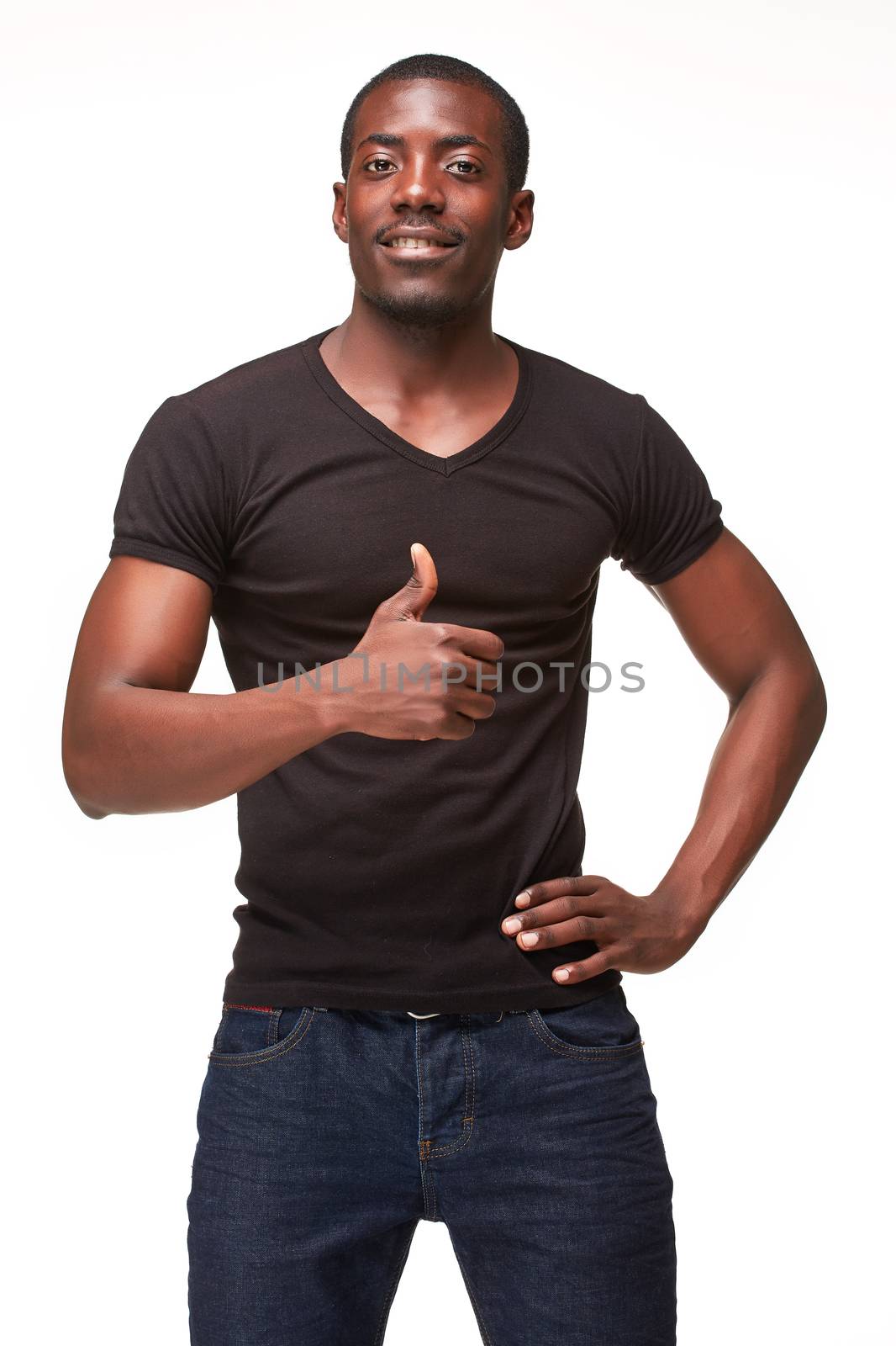 Closeup portrait of handsome young black african smiling man, giving a raised finger, isolated on white background. Positive human emotions 