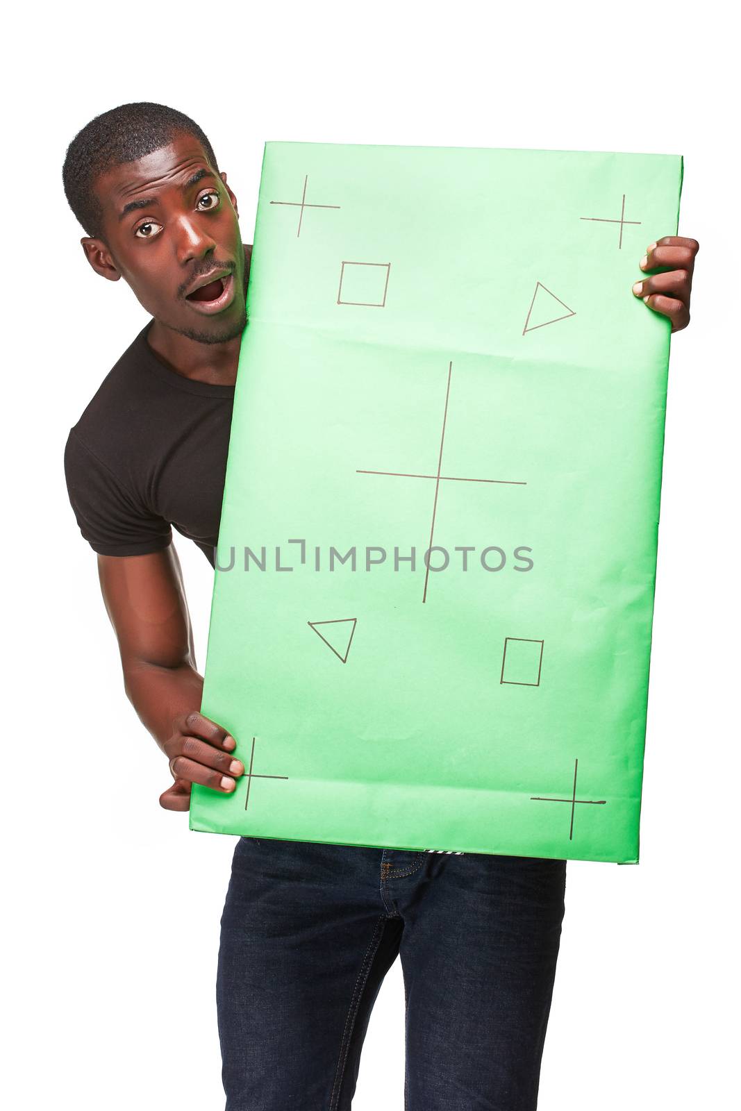 The surprised african man as black businessman with green panel, isolated on white background. Positive human emotions and advertising of something