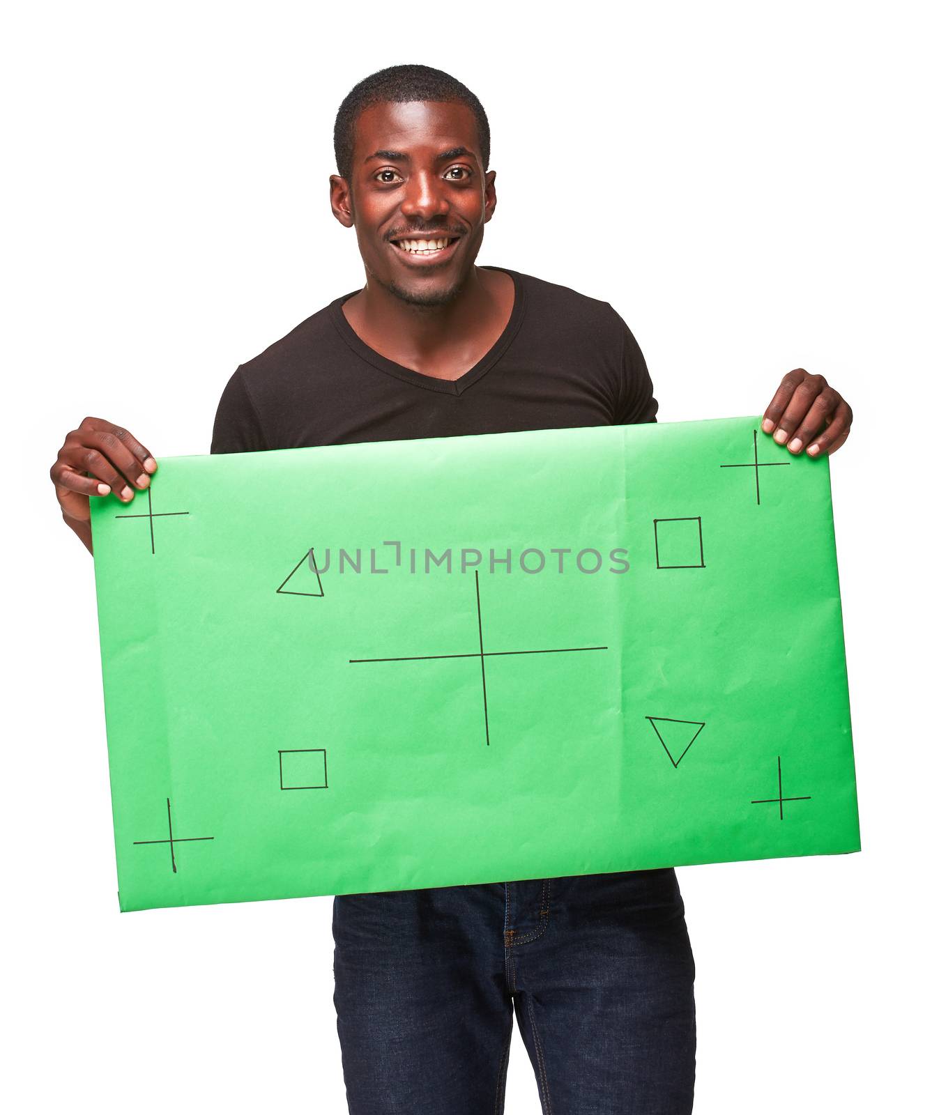 The smiling african man as black businessman with green panel, isolated on white background. Positive human emotions and advertising of something