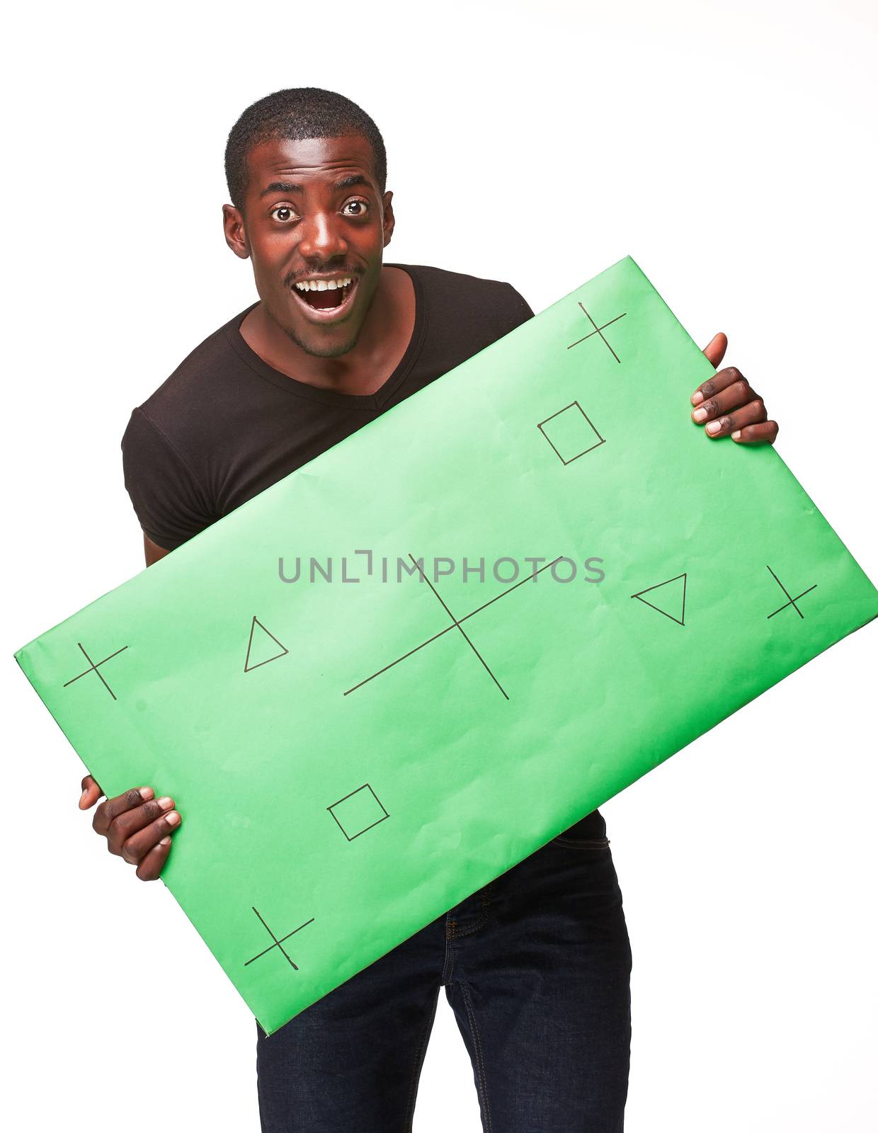 The smiling african man as black businessman with green panel, isolated on white background. Positive human emotions and advertising of something