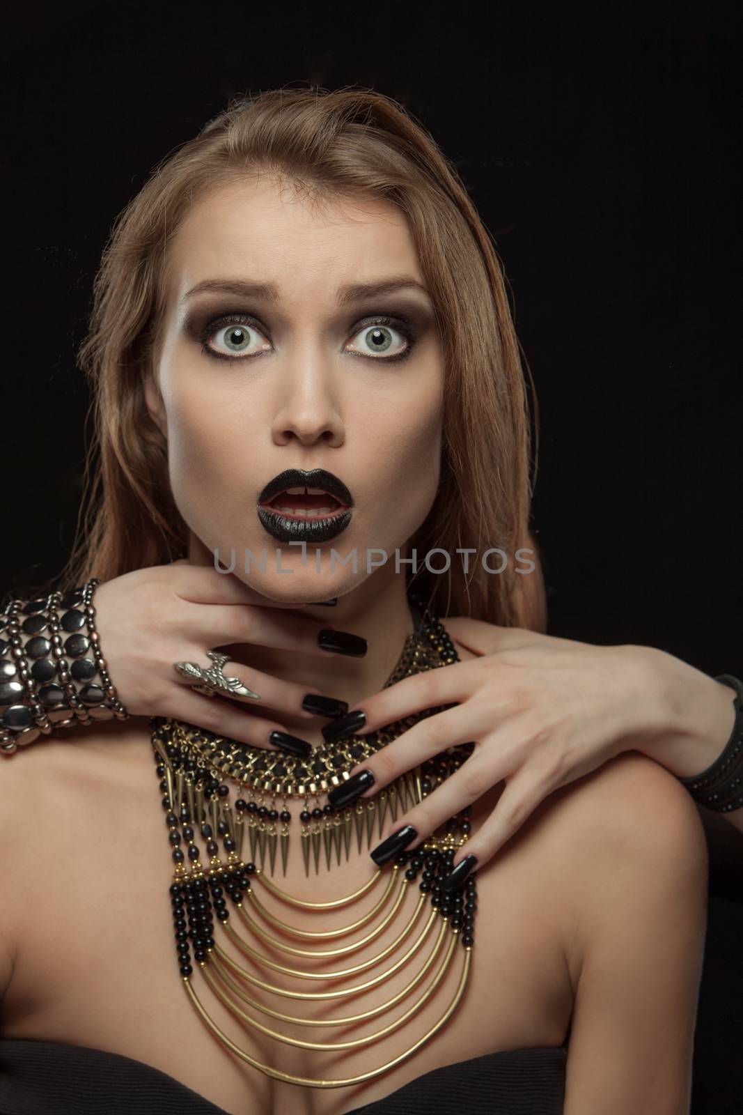 Gothic woman with hands of vampire on her neck by master1305
