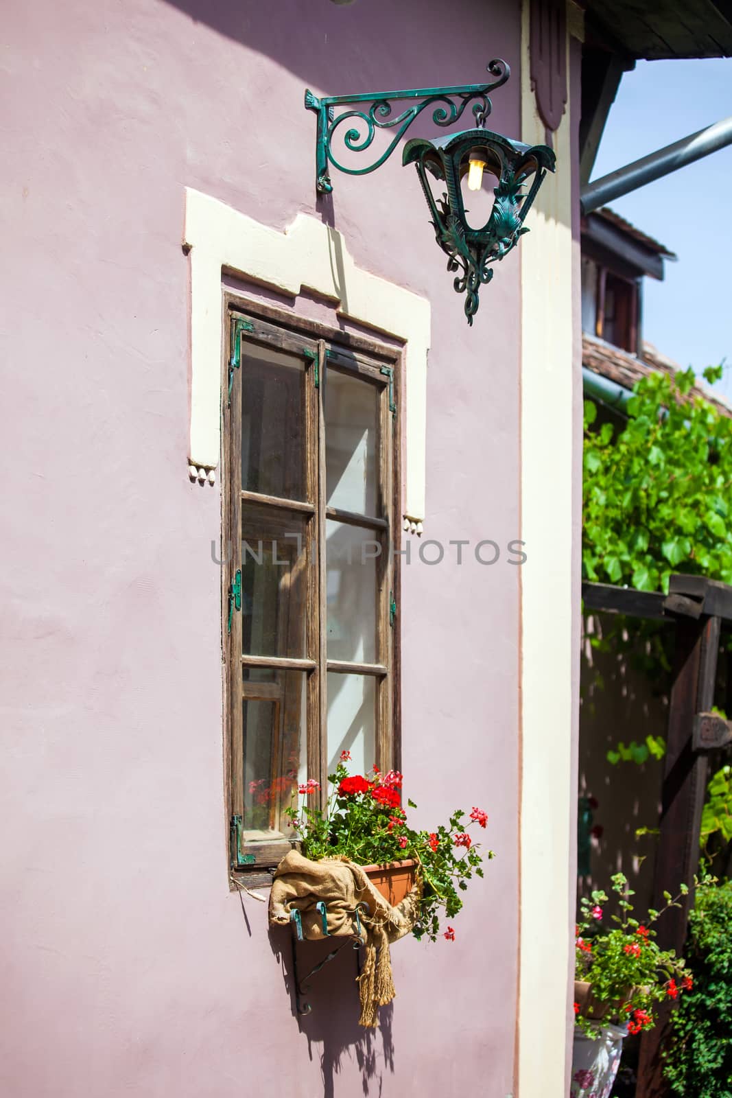 Sighisoara, Romania - June 23, 2013: Pink facade with white windows and street lamp on an old pink house from the Sighisoara city old center, Romania