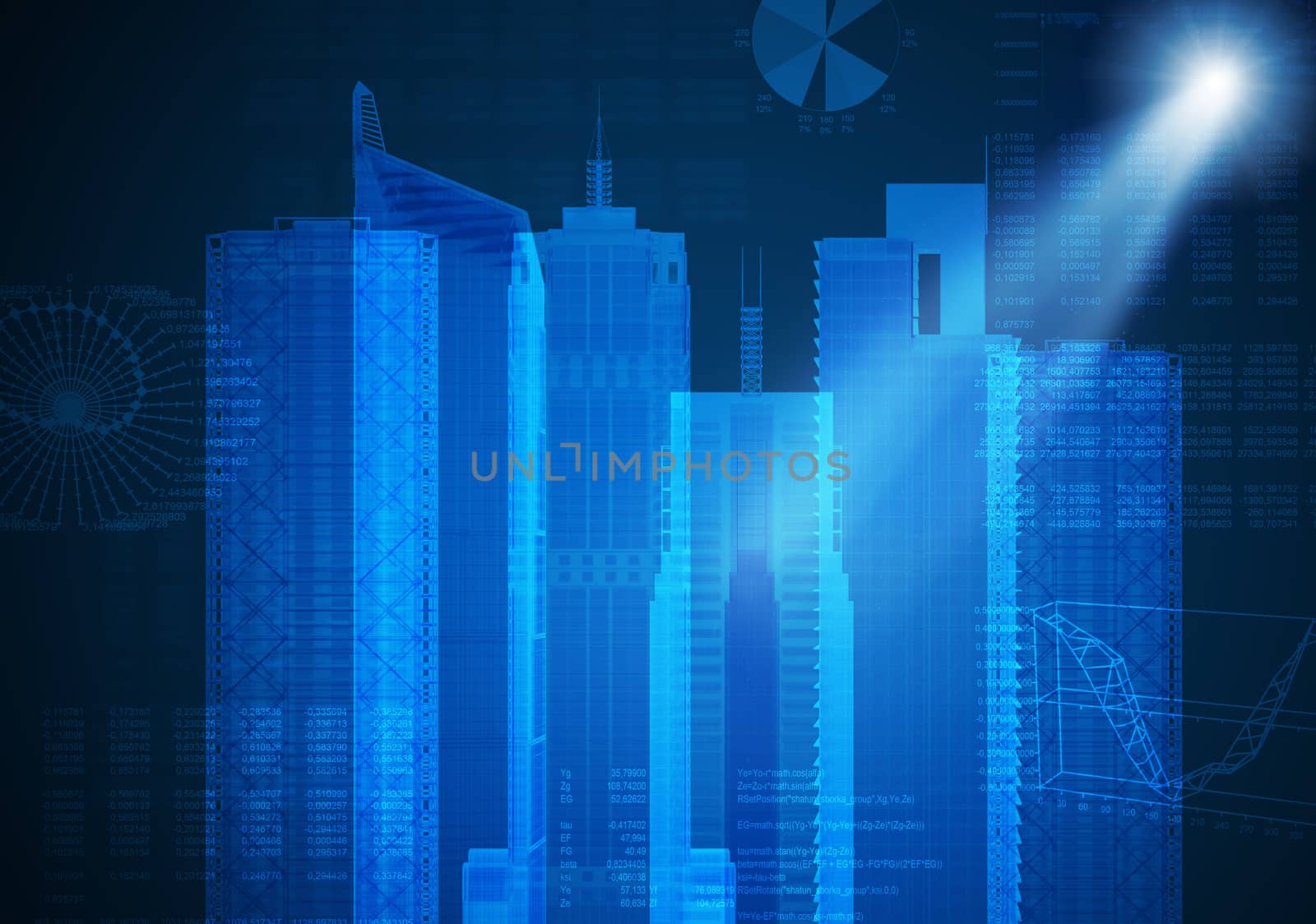 Abstract blue background with 3d cityscape sketch