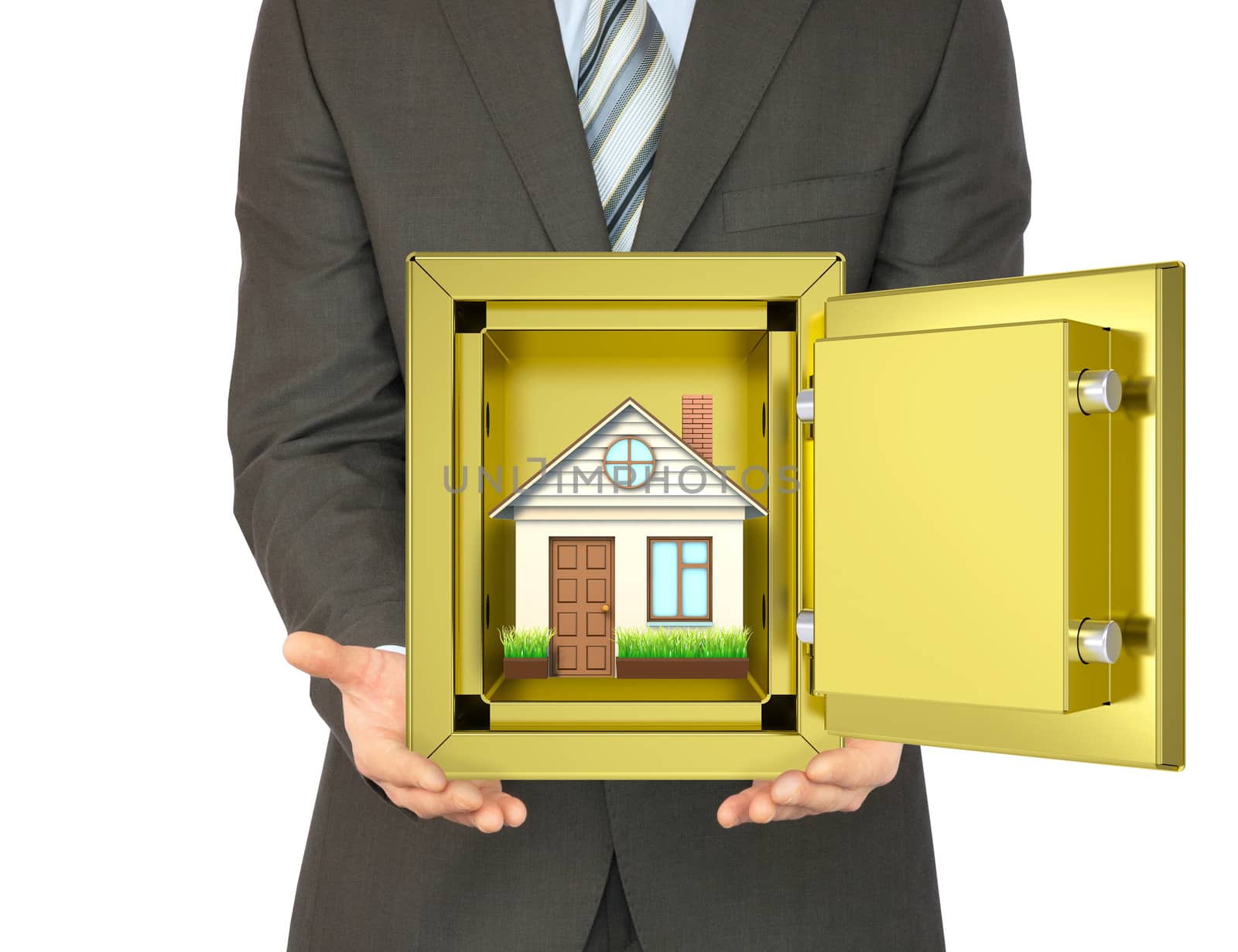 Man in suit holding house in safe on isolated white background