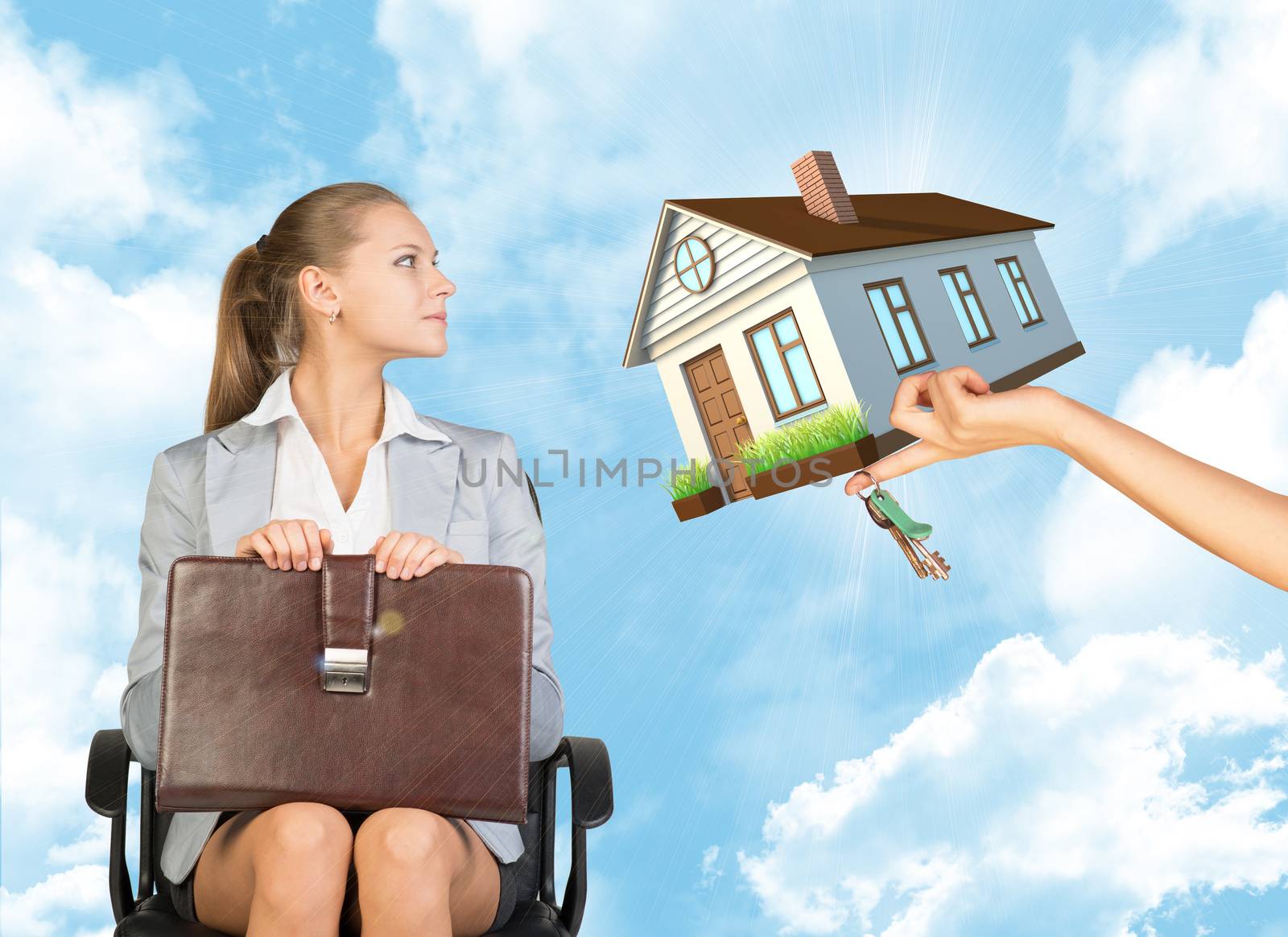 Businesswoman sitting in the chair and looking to the right at house and keys