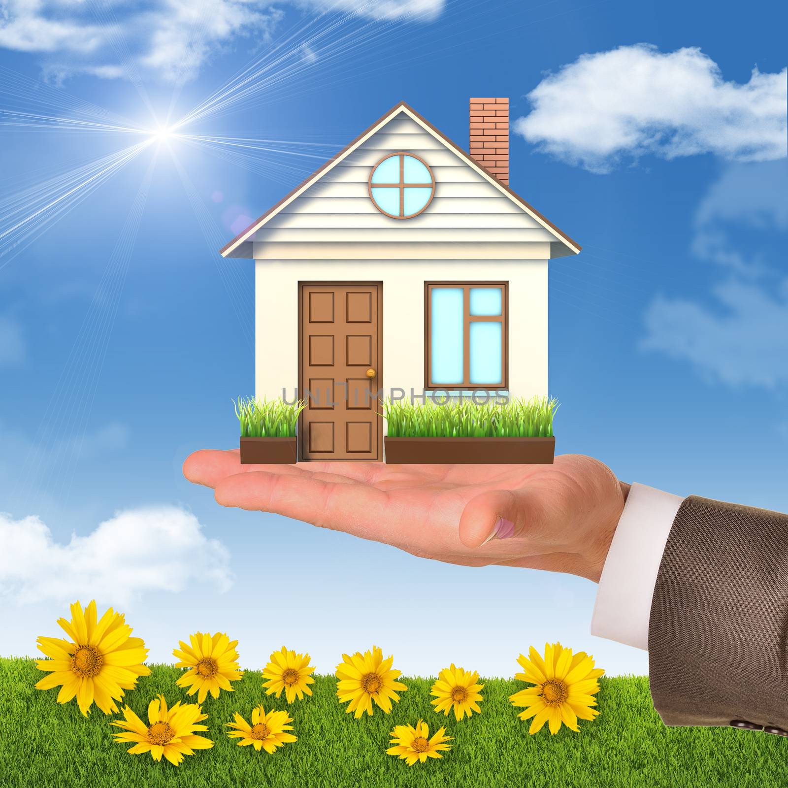 House on businessmans hand on blue sky background with flowers