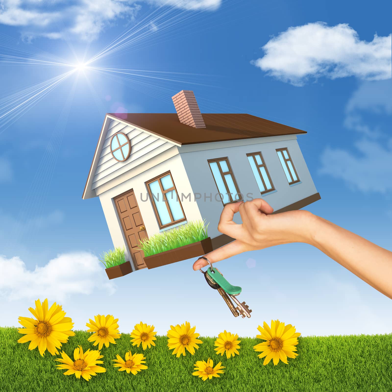 House and keys in left womans hand on nature background with yellow flowers