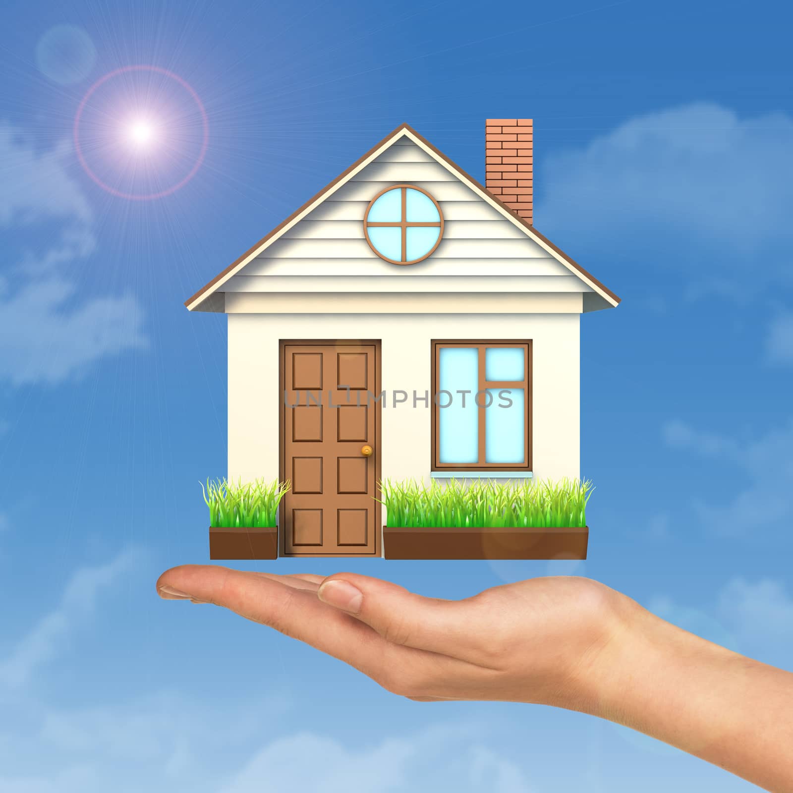 House above businesswomans hand on blue sky background 