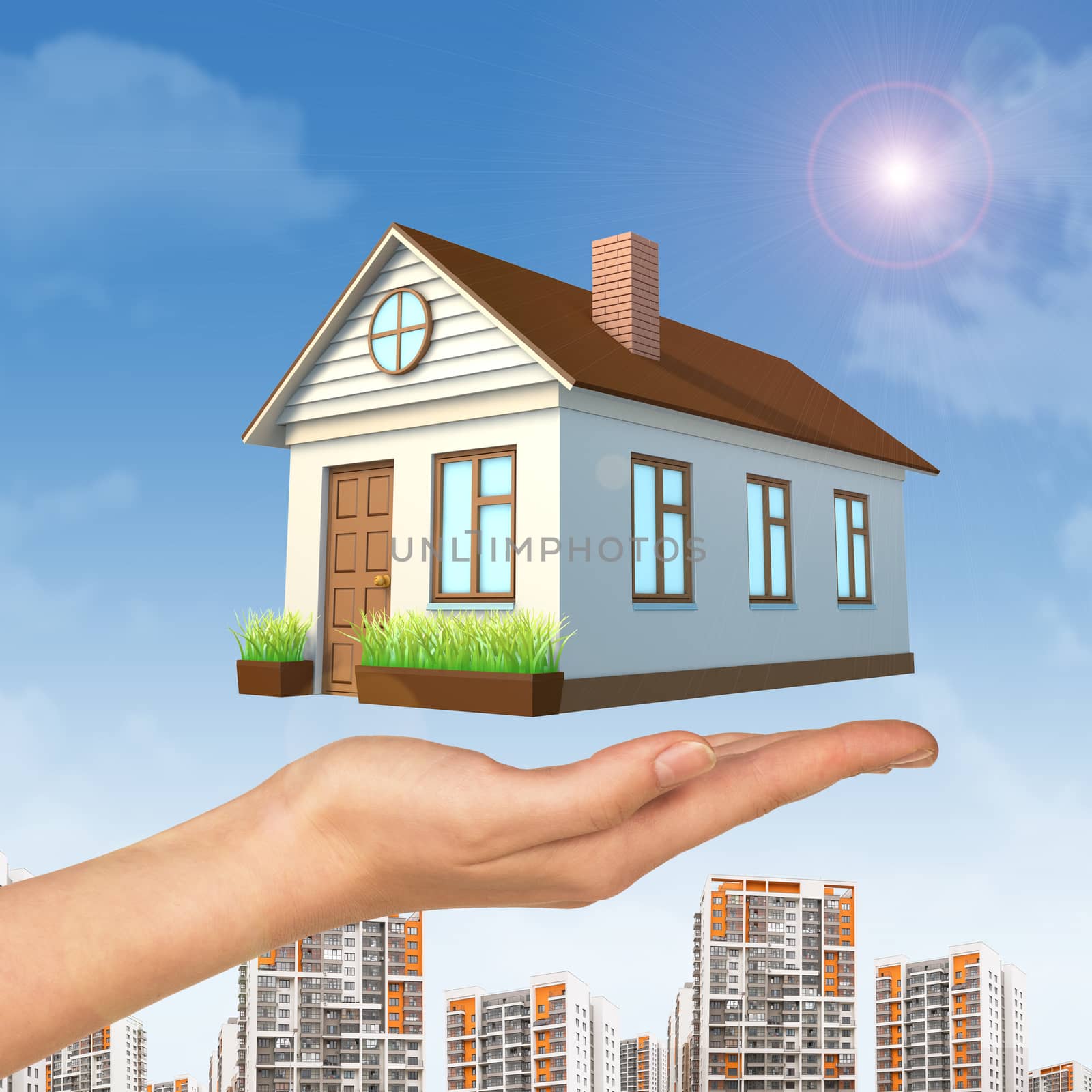 House above businesswomans hand with cityscape on blue sky background 