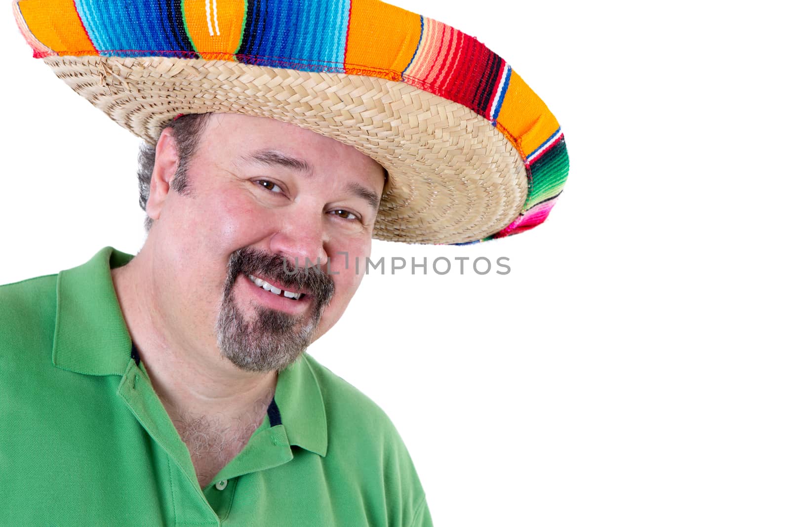 Close up Welcoming Bearded Man in Mexican Sombrero Smiling at the Camera on White Background with Copy Space.