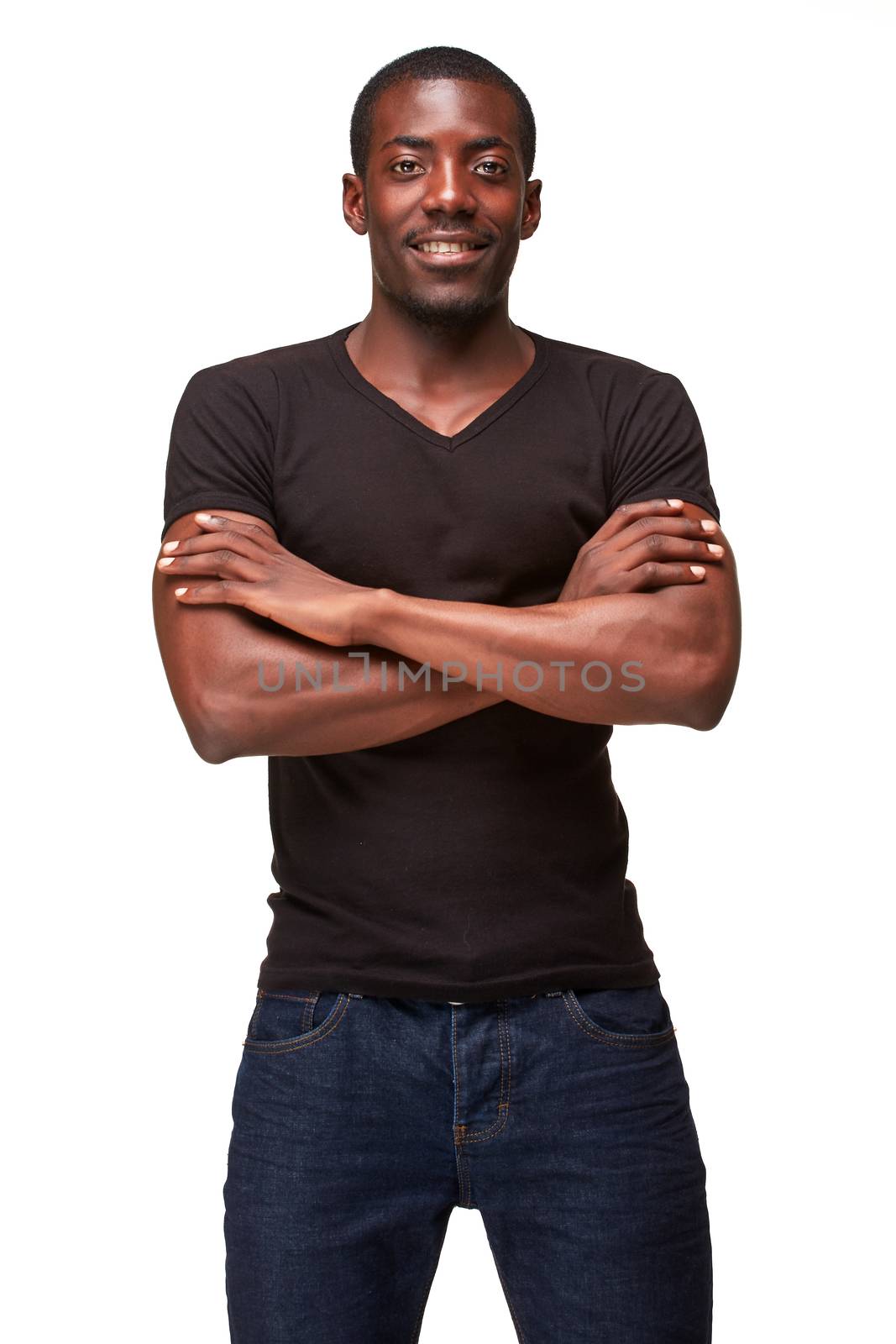 portrait of handsome young black african smiling man,  isolated on white background. Positive human emotions