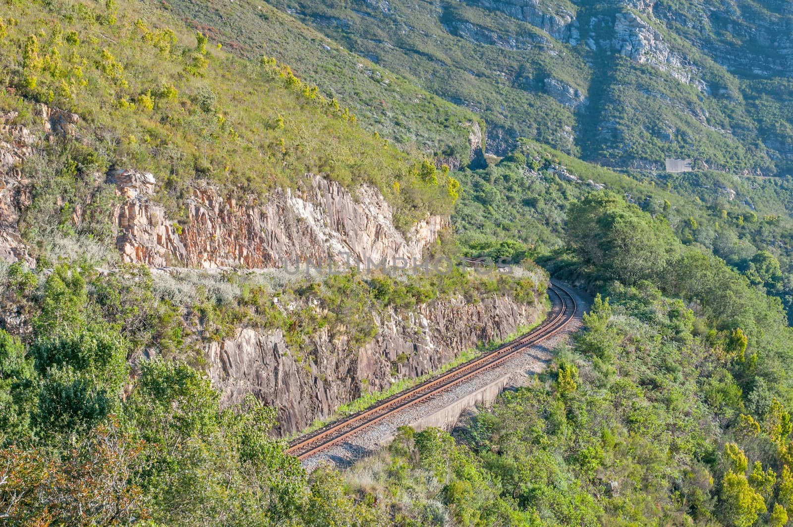 Road and railroad in the Montagu Pass over the Outeniqua Mountains between Herold and George