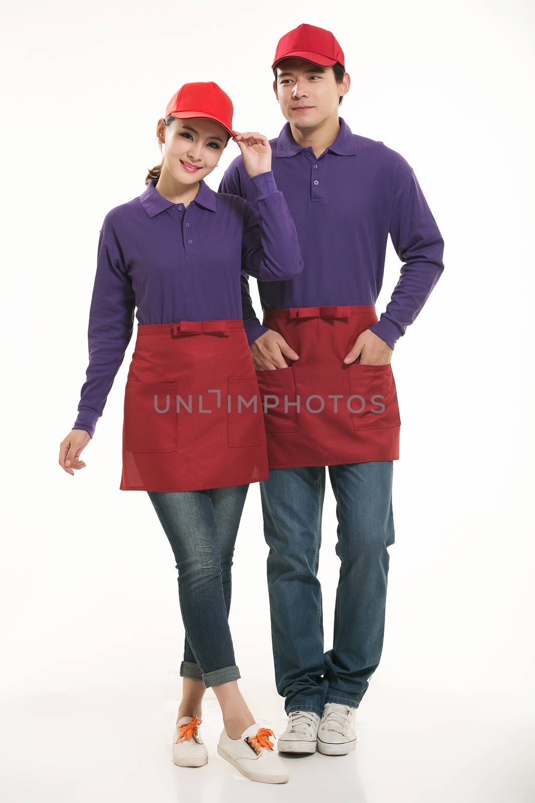 Wear all kinds of T-shirts waiter standing in white background