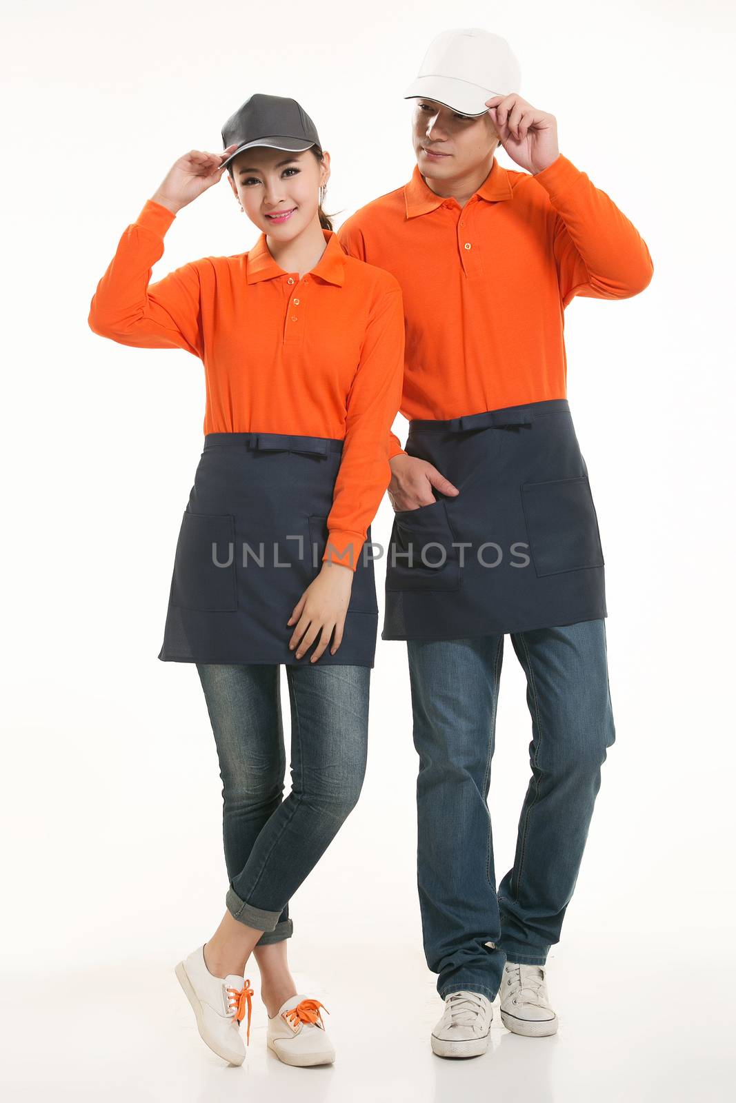 Wear all kinds of T-shirts waiter standing in white background