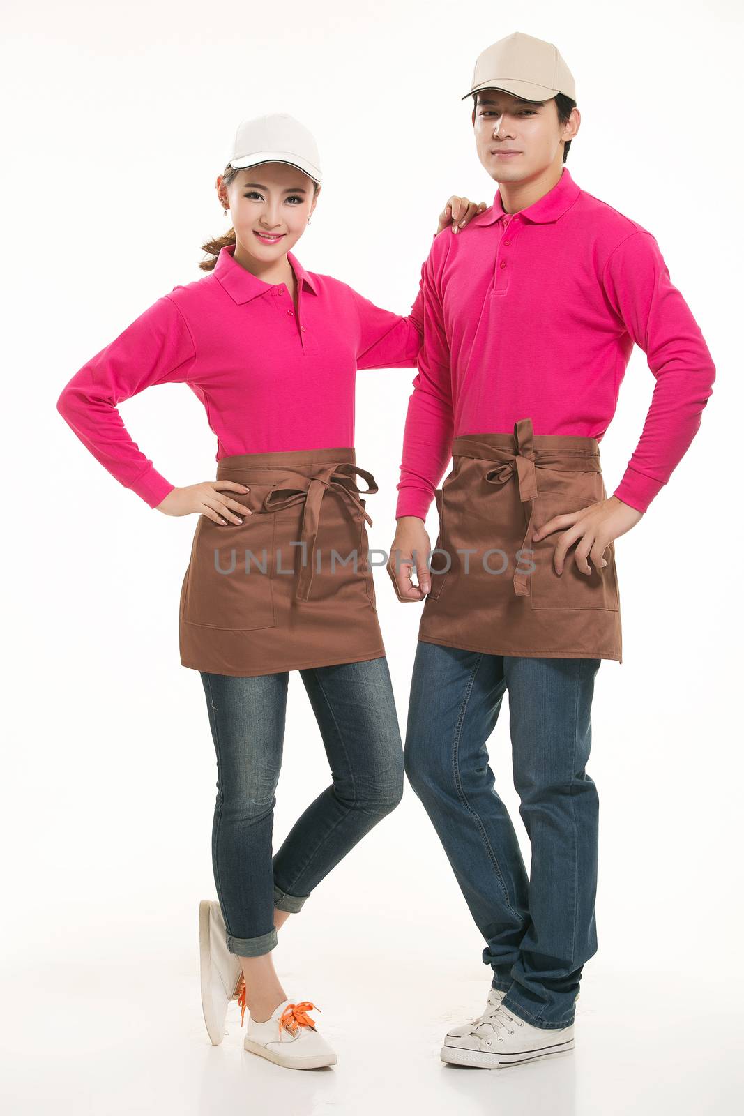 Wear all kinds of T-shirts waiter standing in white background by quweichang