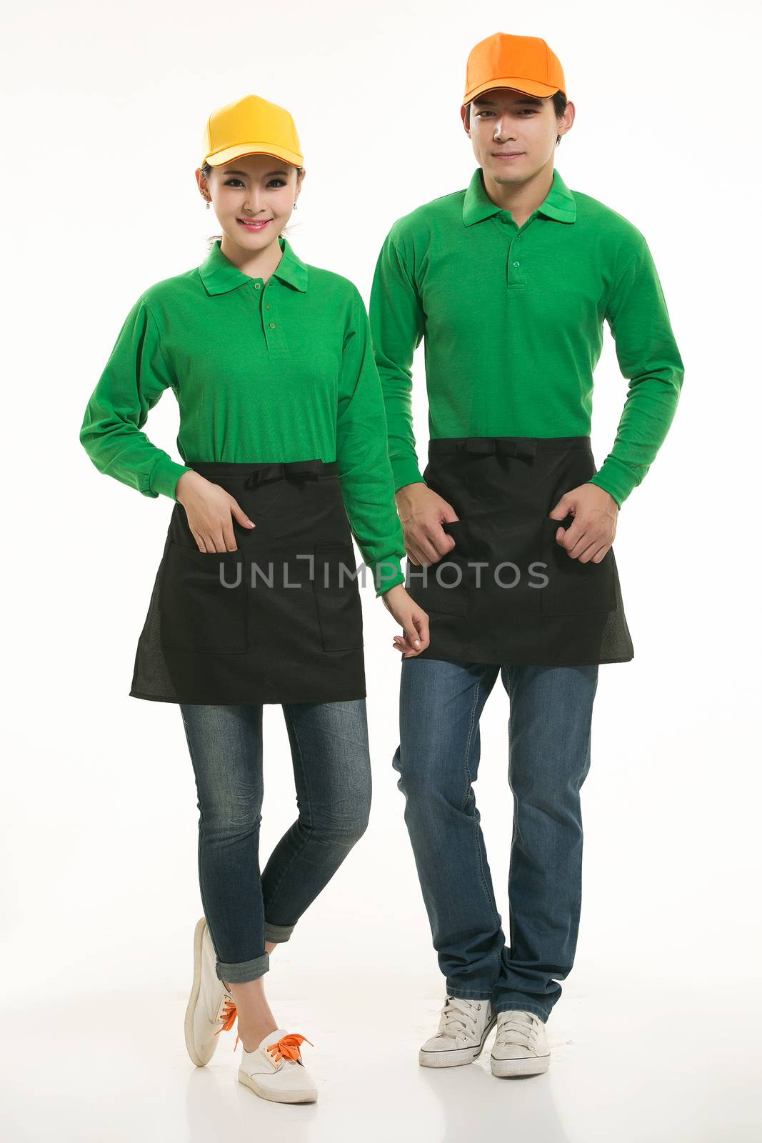 Wear all kinds of T-shirts waiter standing in white background