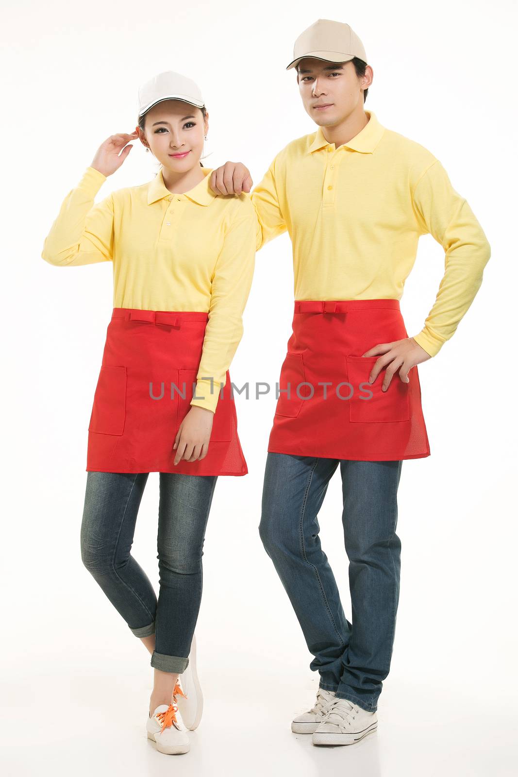 Wear all kinds of T-shirts waiter standing in white background by quweichang