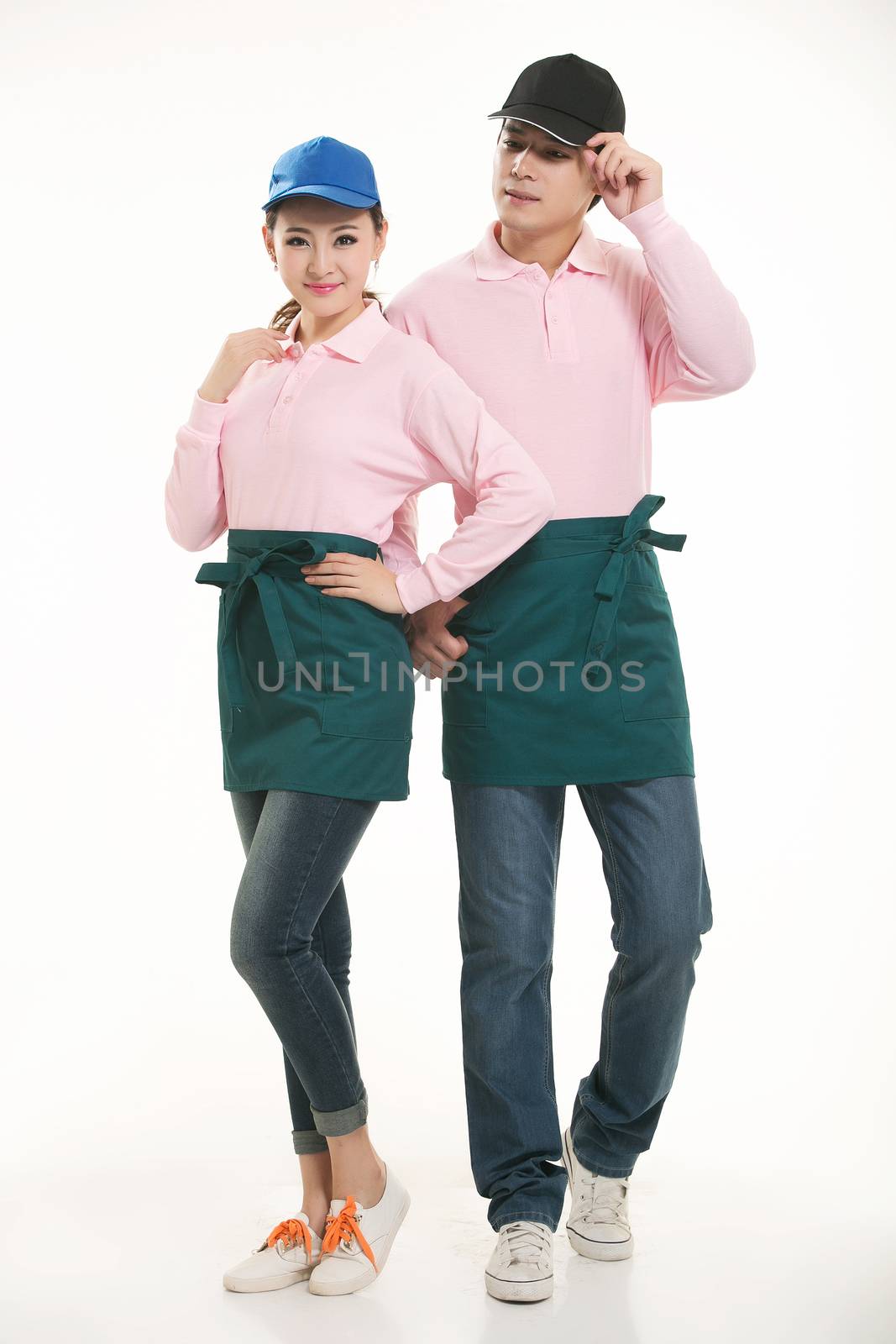 Wear all kinds of T-shirts waiter standing in white background by quweichang