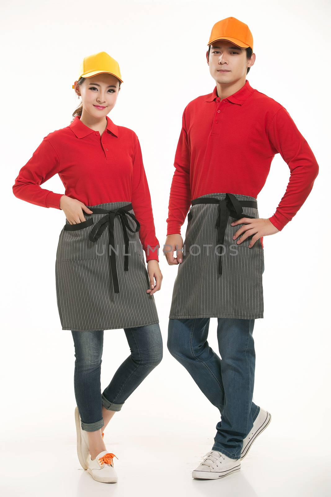 Wear all kinds of T-shirts waiter standing in white background