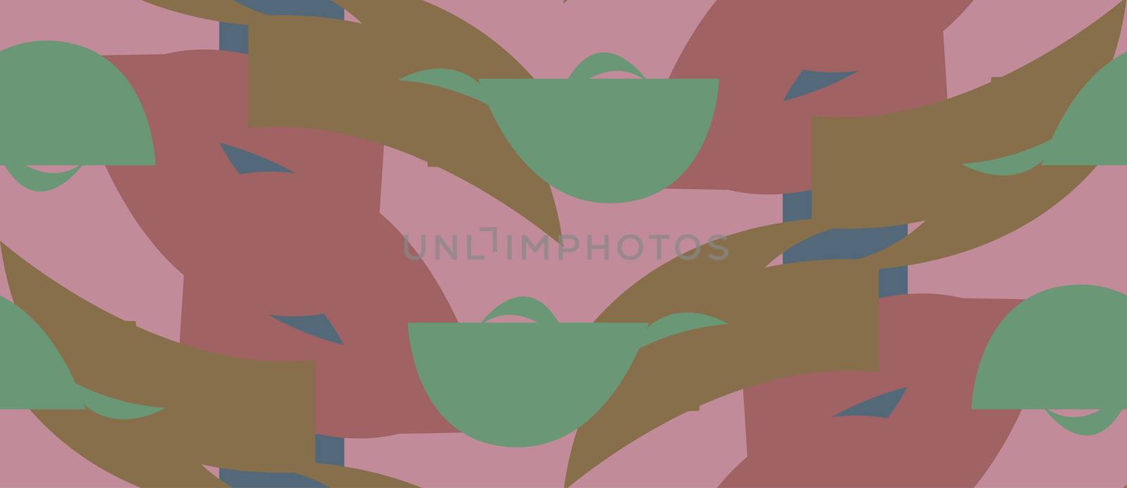Seamless background pattern of green and brown shapes over pink