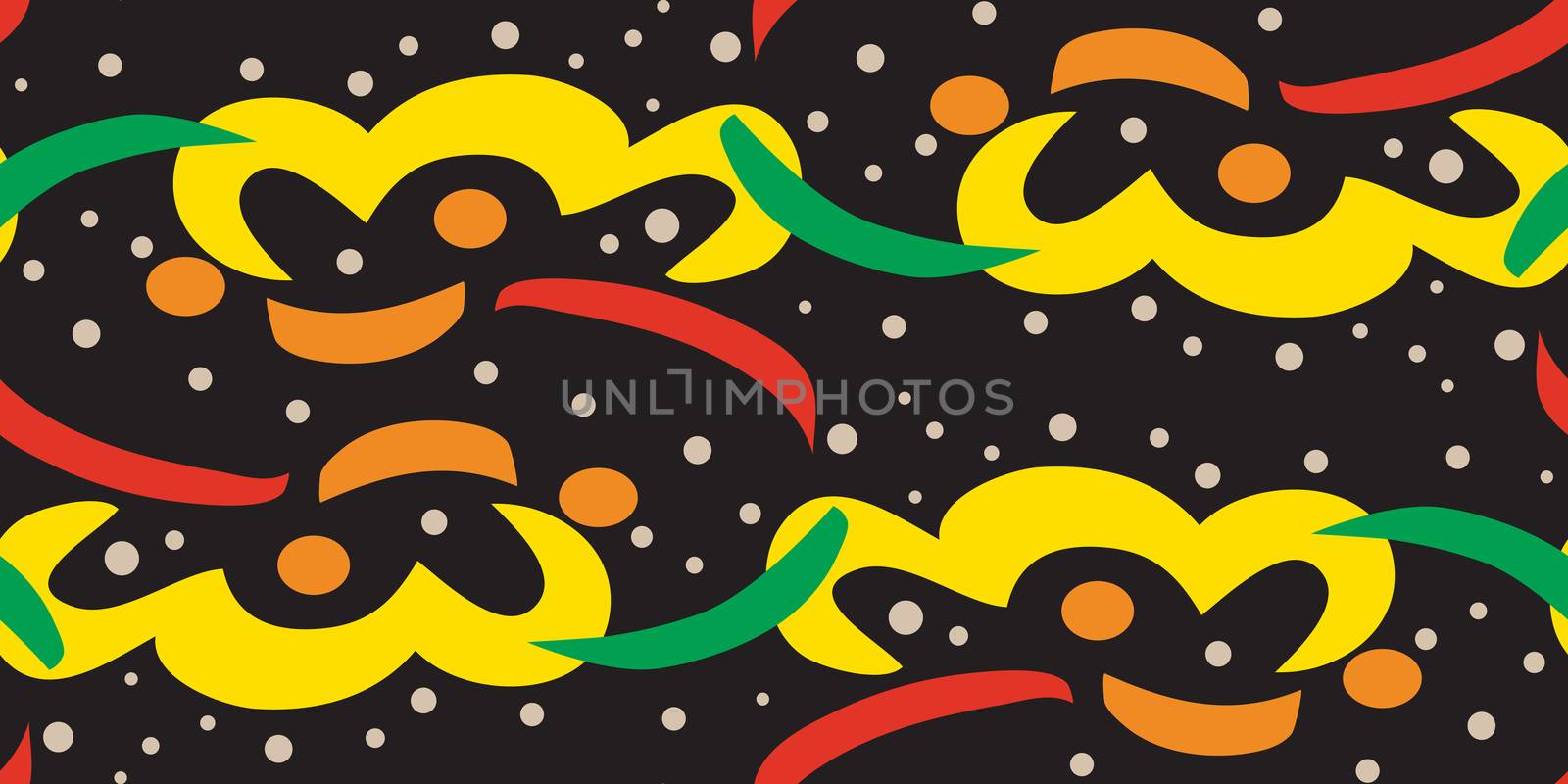 Repeating background pattern of colorful streamers over black