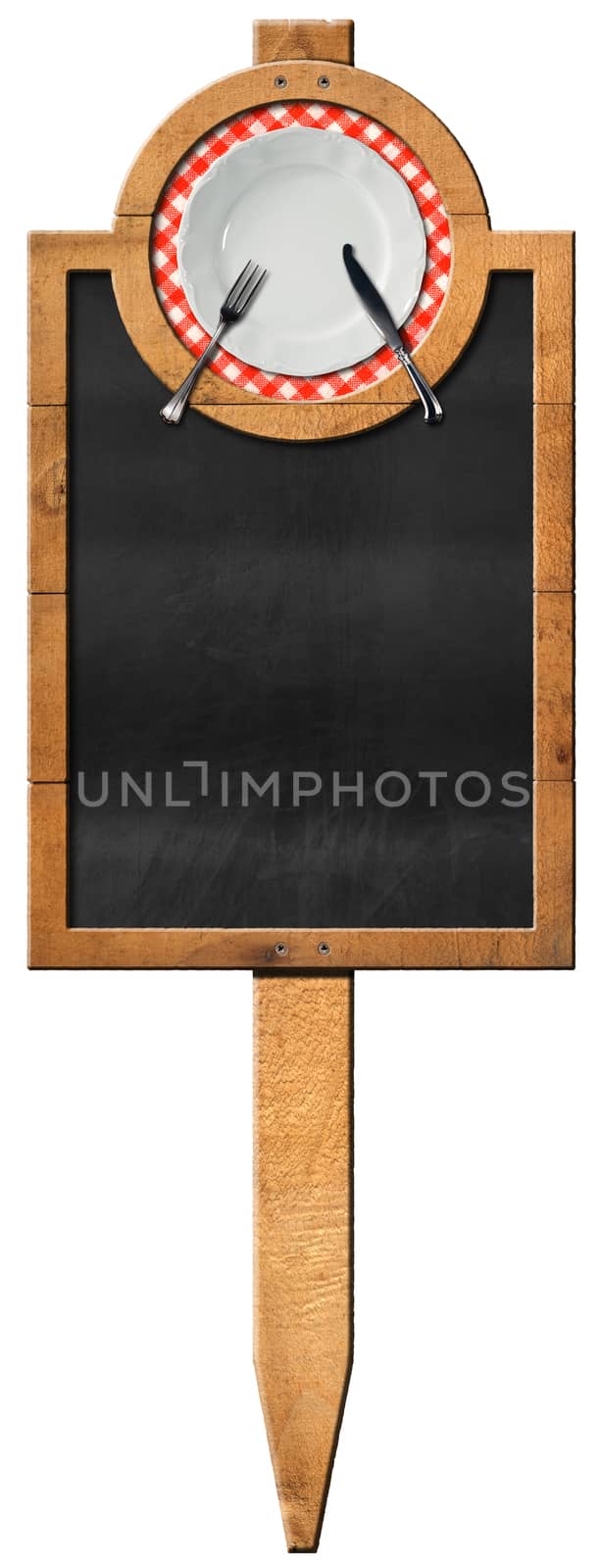 Empty blackboard with wooden frame and white plate with cutlery. Hanging on a wooden pole and isolated on white. Template for a food menu