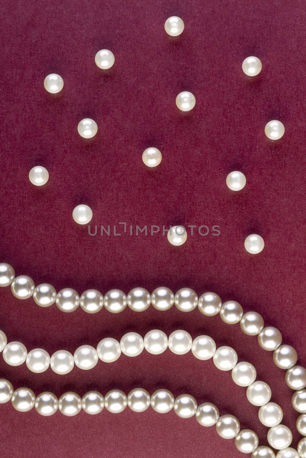 Silver and White pearls necklace on dark red background