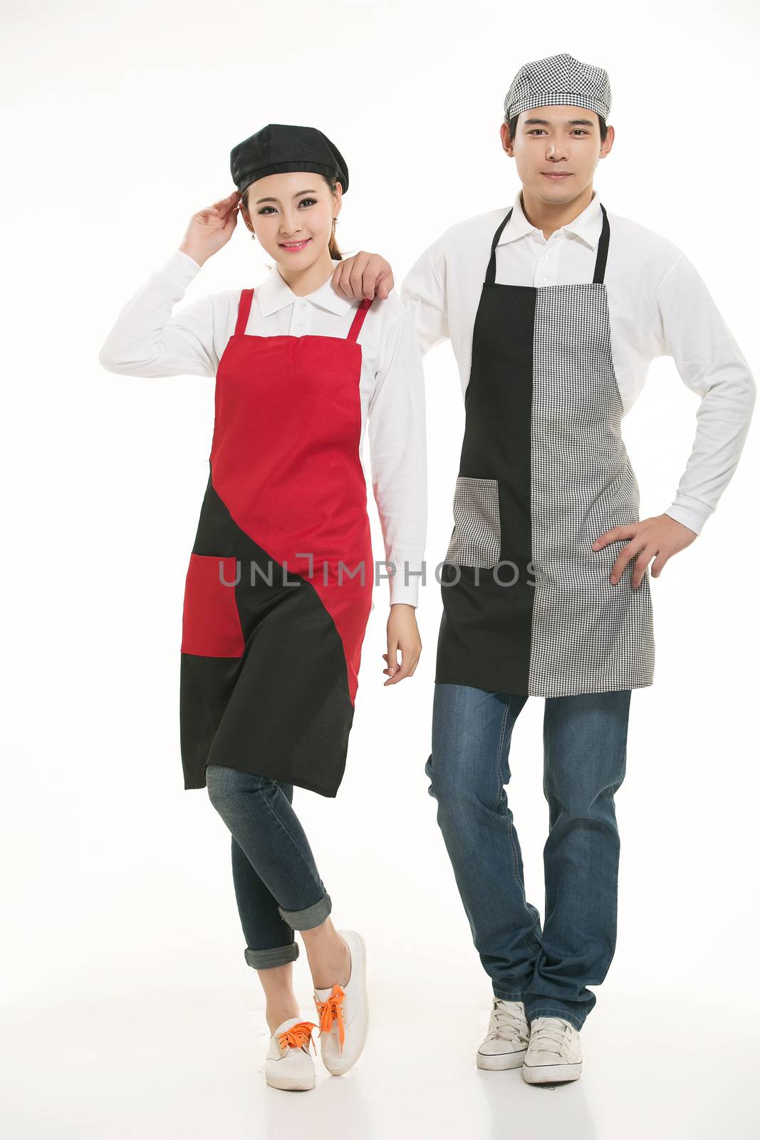 Wear all kinds of T-shirts waiter standing in white background