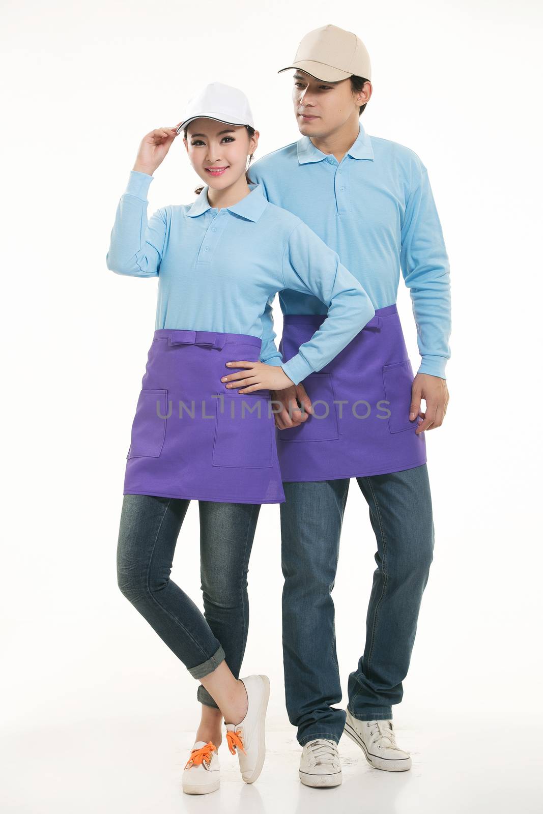 Wear all kinds of T-shirts waiter standing in white background by quweichang