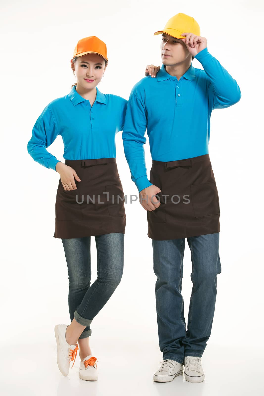 Wear all kinds of T-shirts waiter standing in white background by quweichang