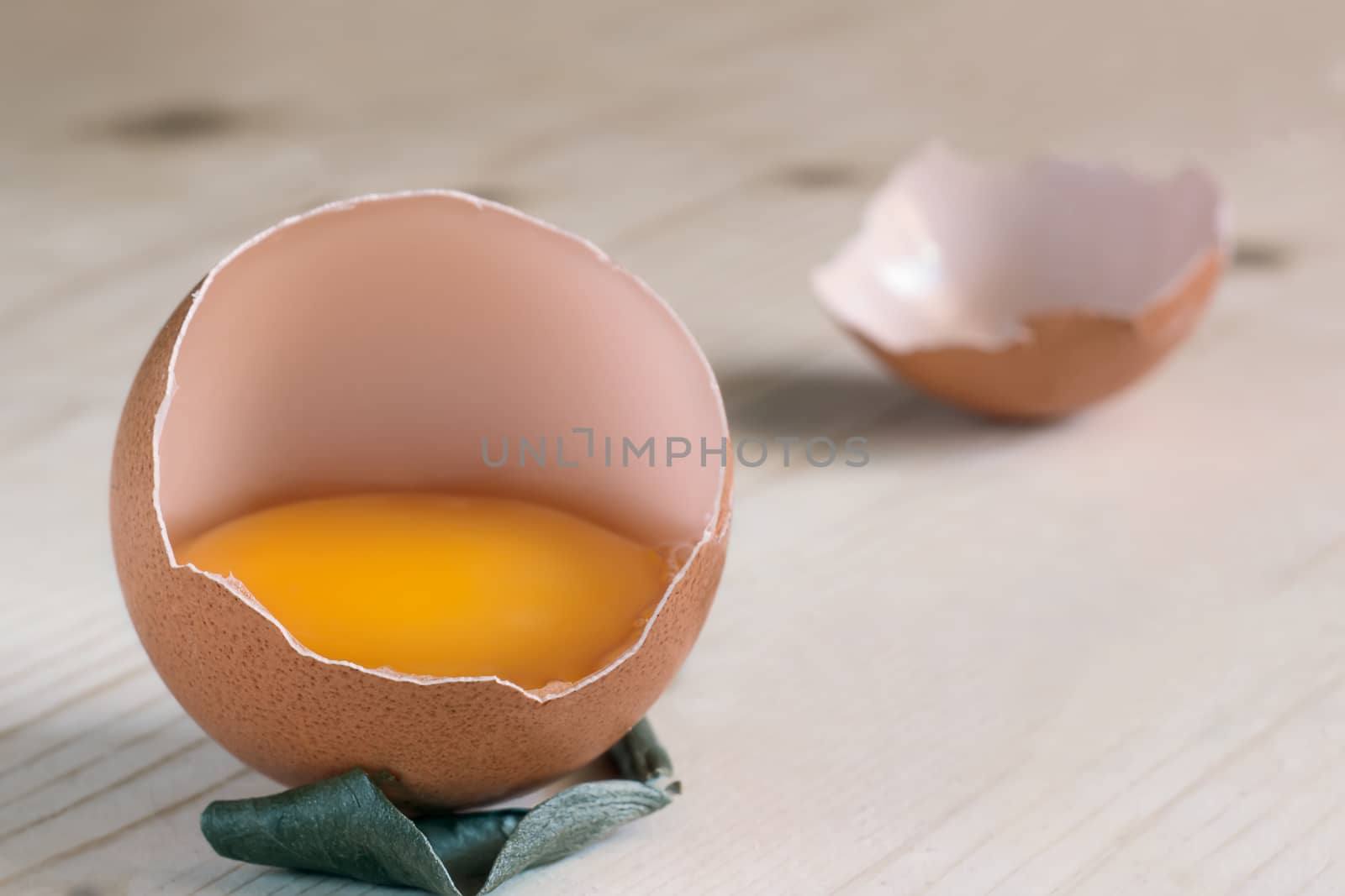 open egg resting on a wooden base