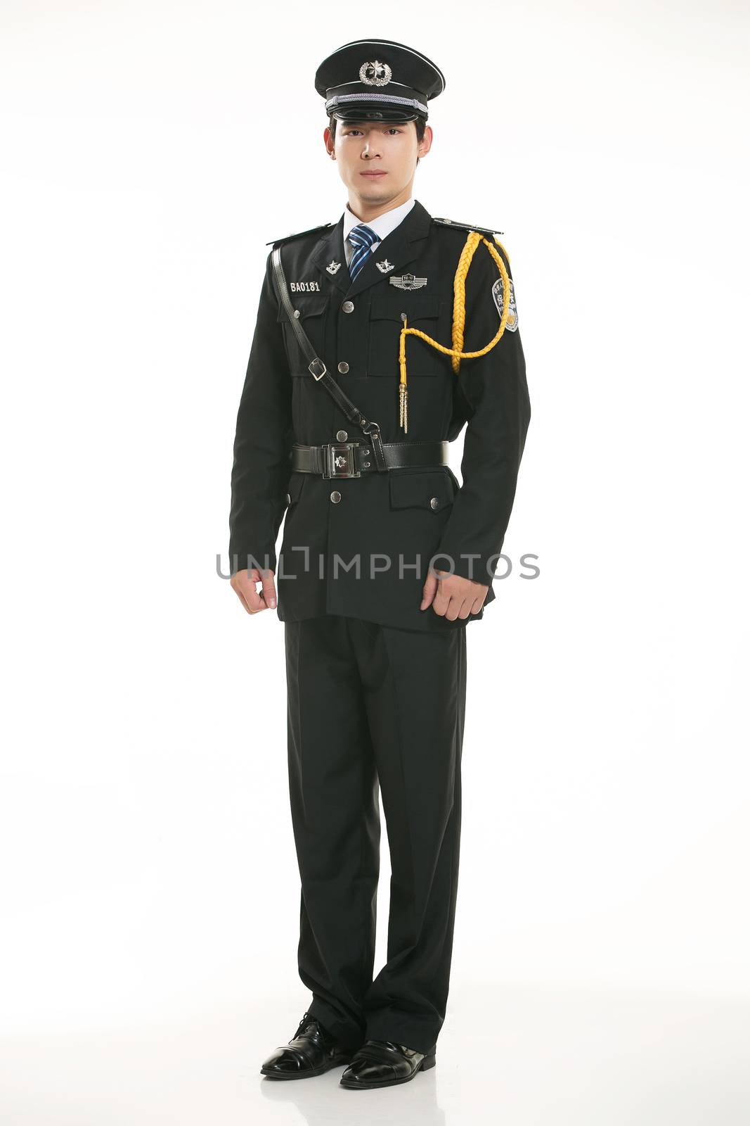 Create all kinds of work clothes policeman stands in front of a white background by quweichang