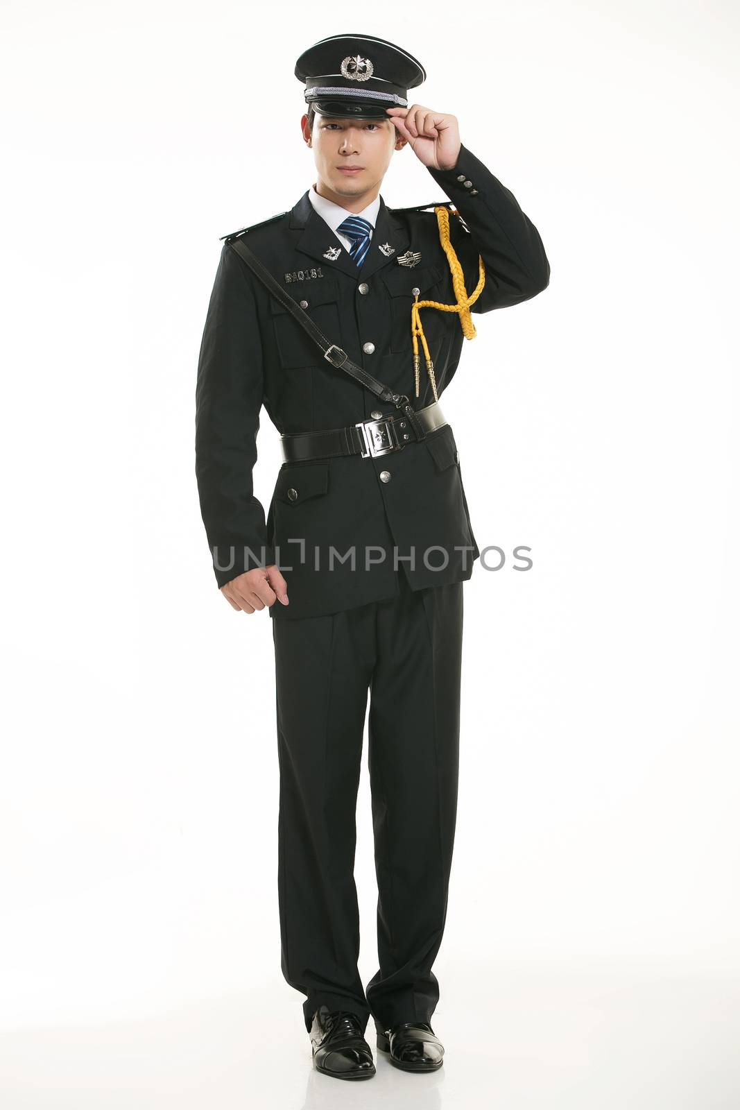 Create all kinds of work clothes policeman stands in front of a white background by quweichang