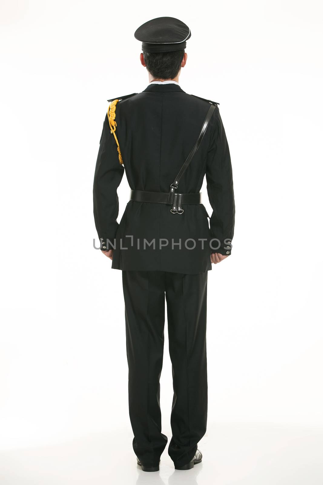 Create all kinds of work clothes policeman stands in front of a white background