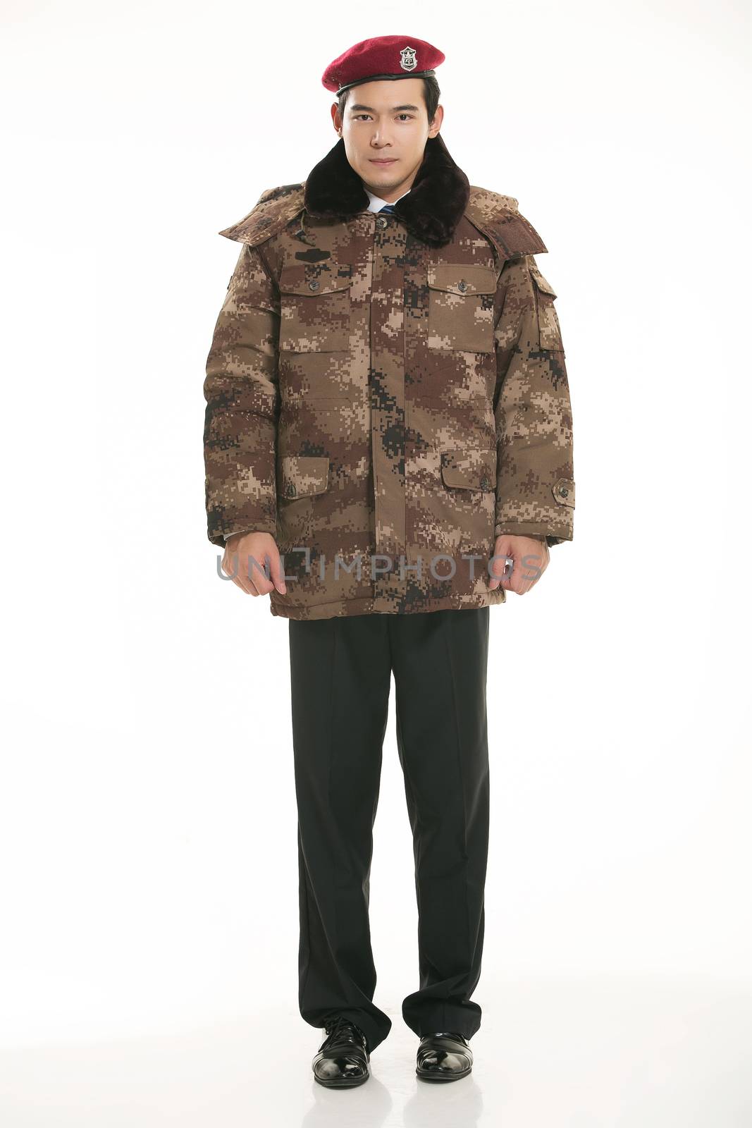 Create all kinds of work clothes policeman stands in front of a white background by quweichang