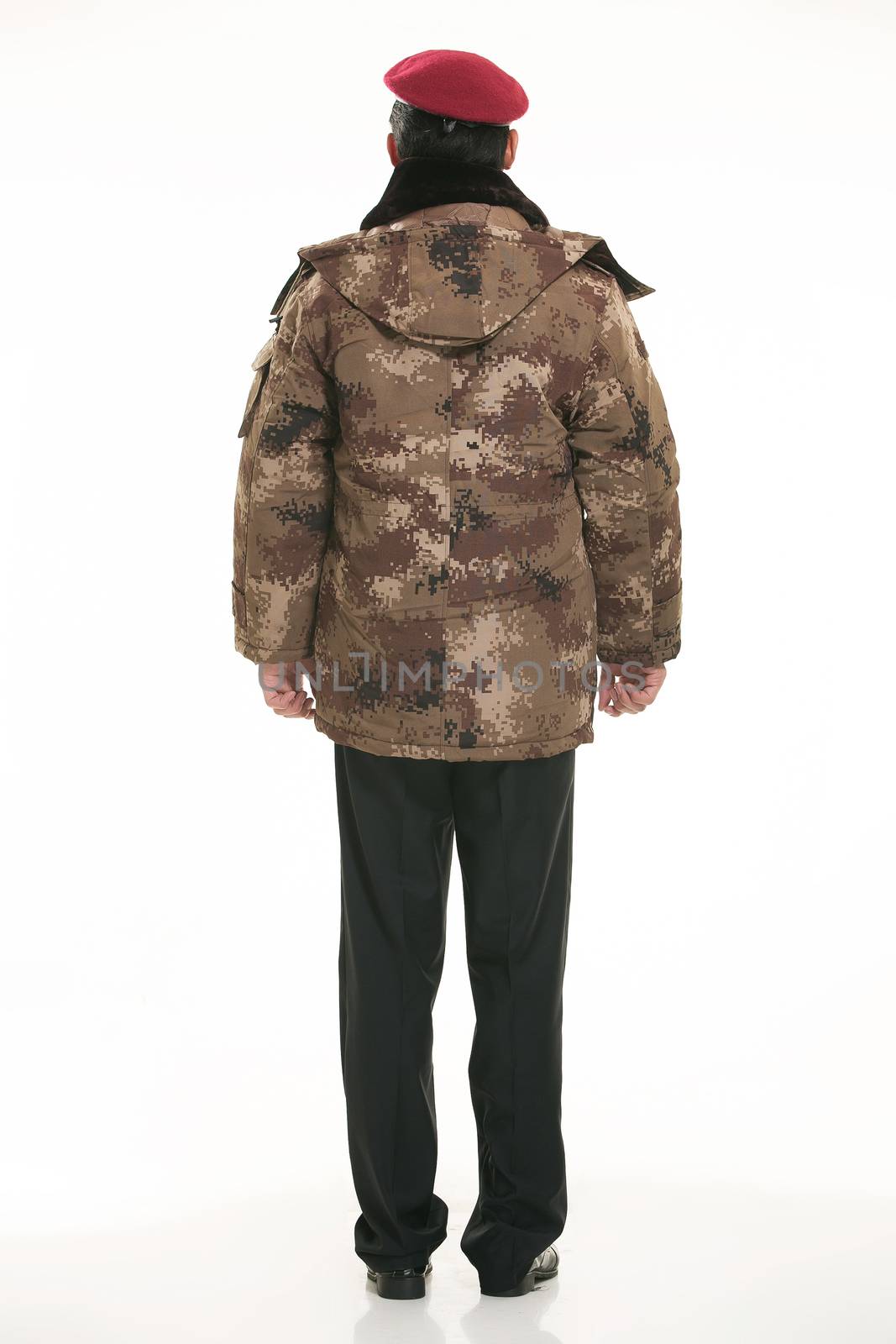 Create all kinds of work clothes policeman stands in front of a white background by quweichang