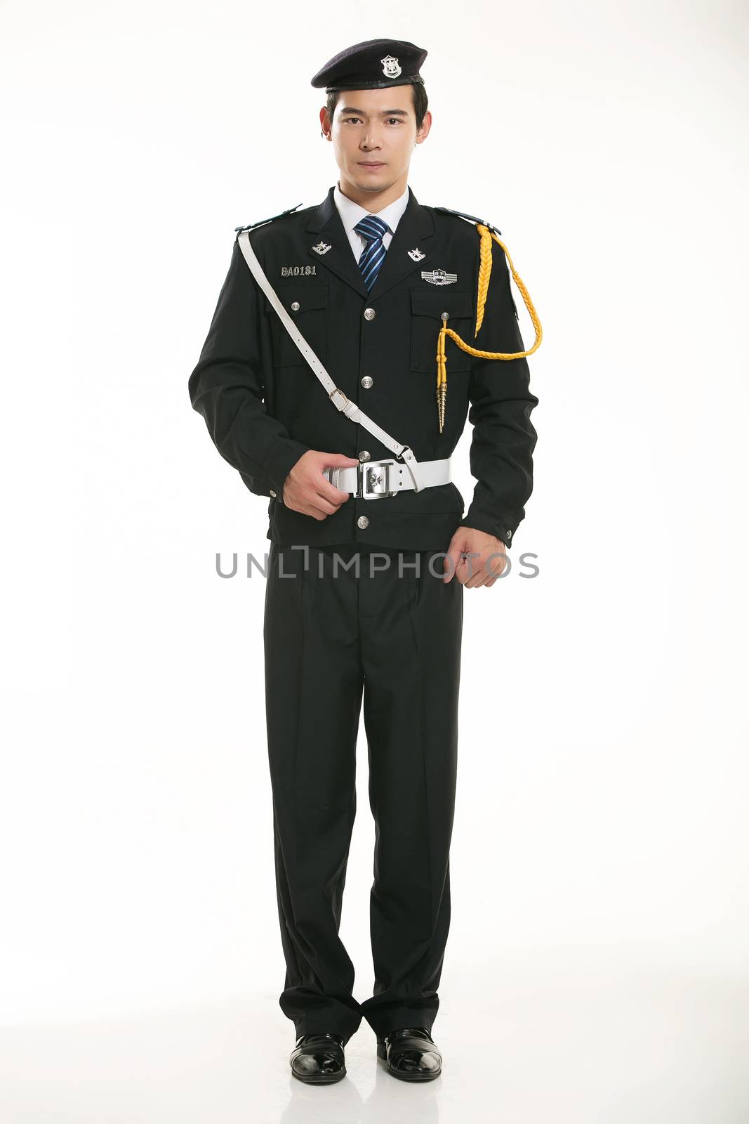 Create all kinds of work clothes policeman stands in front of a white background