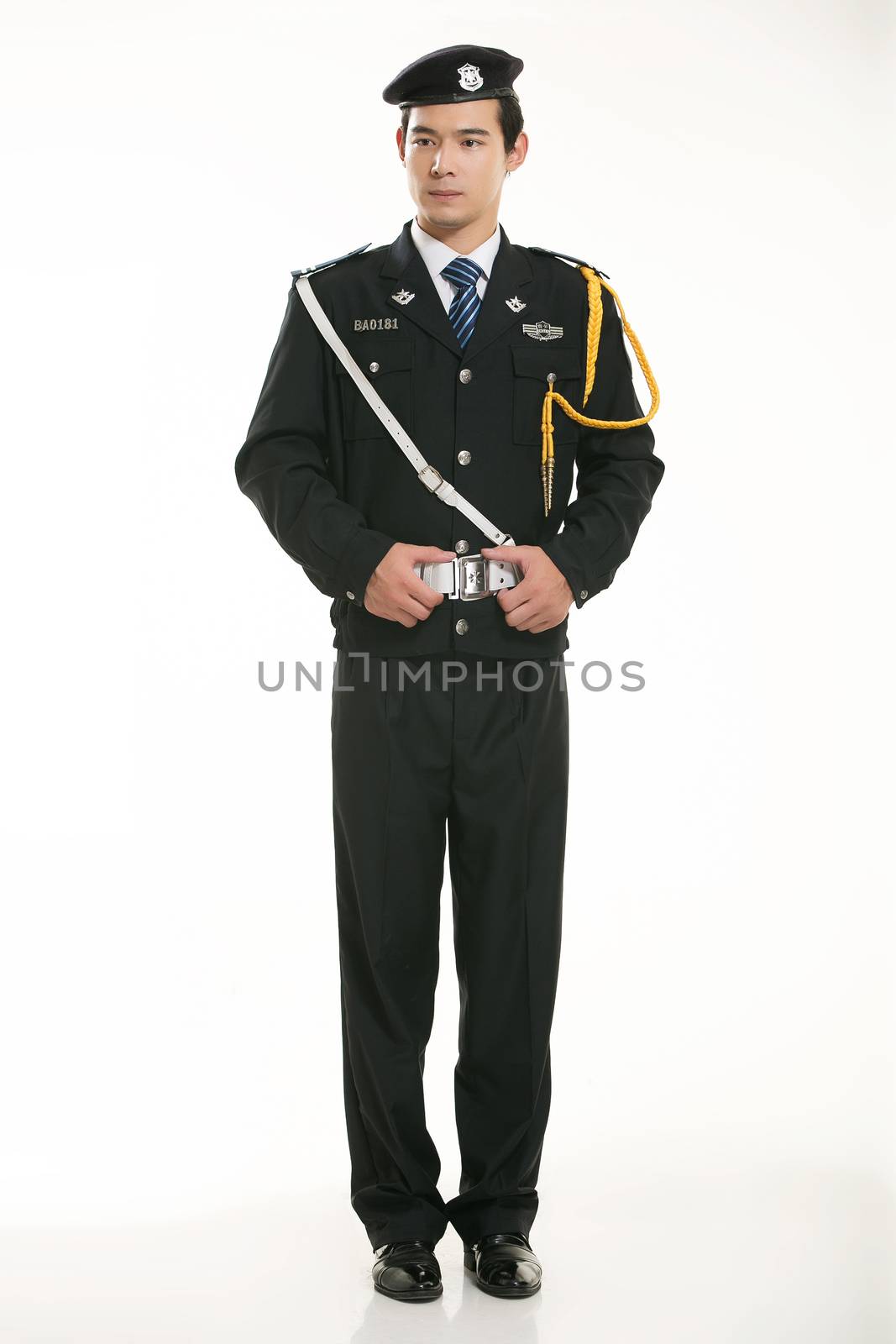 Create all kinds of work clothes policeman stands in front of a white background