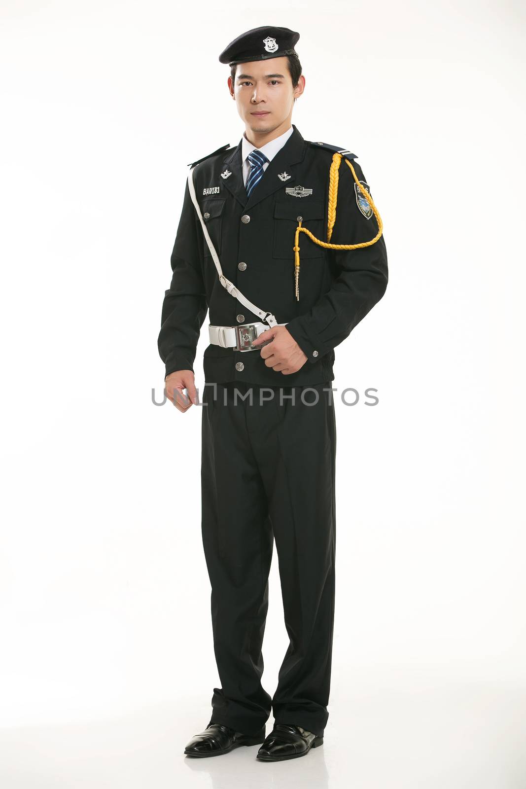 Create all kinds of work clothes policeman stands in front of a white background by quweichang