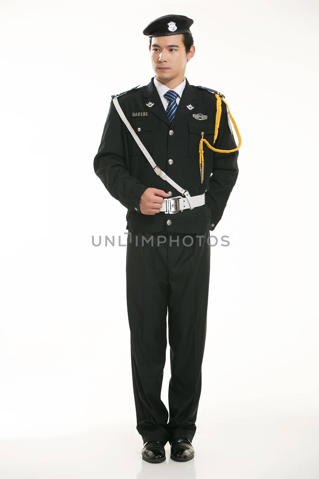 Create all kinds of work clothes policeman stands in front of a white background by quweichang