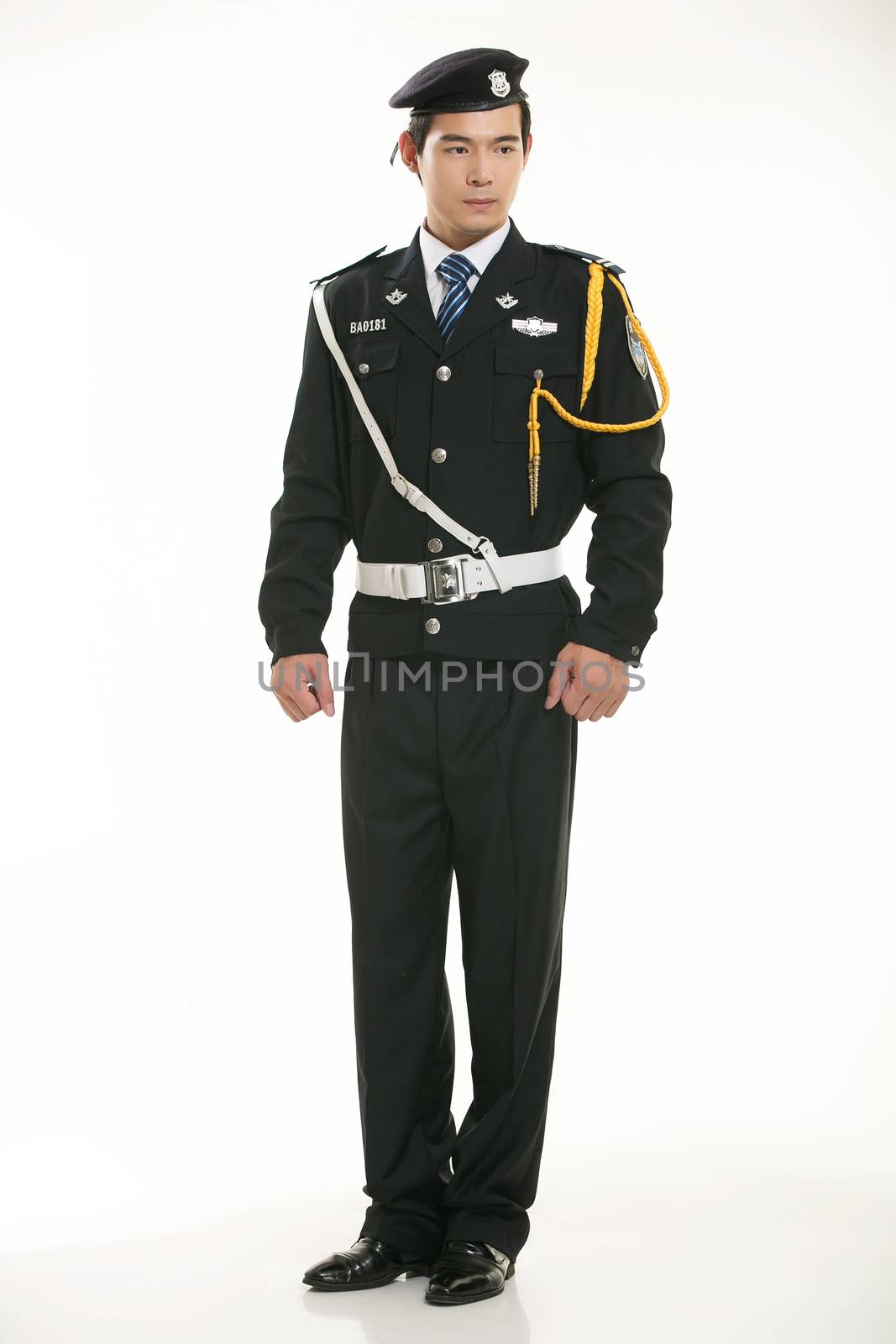 Create all kinds of work clothes policeman stands in front of a white background