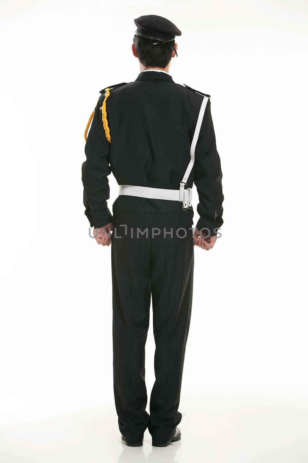 Create all kinds of work clothes policeman stands in front of a white background by quweichang