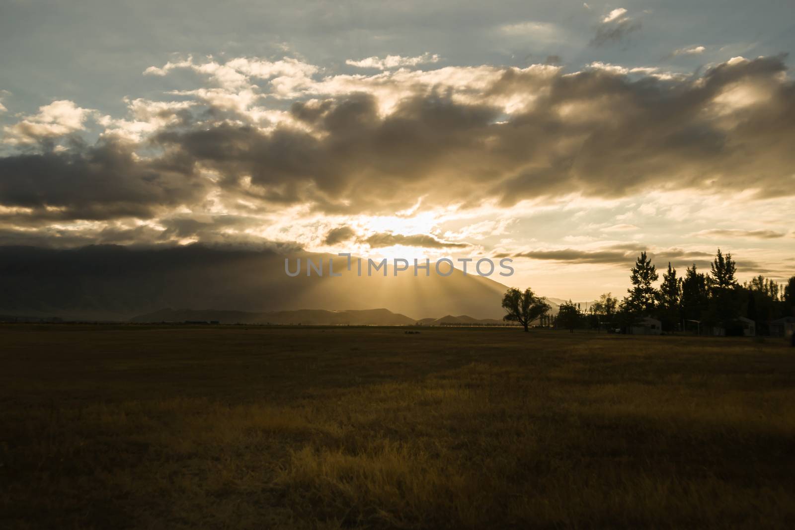 Benmore Range, and dark moody sky, Omarama, Central Otago at sunrise. The dry golden field catches sunlight in foreground. Taken on Sony A900 17-35 F2.8-4 lens at 35 mm, 100ISO