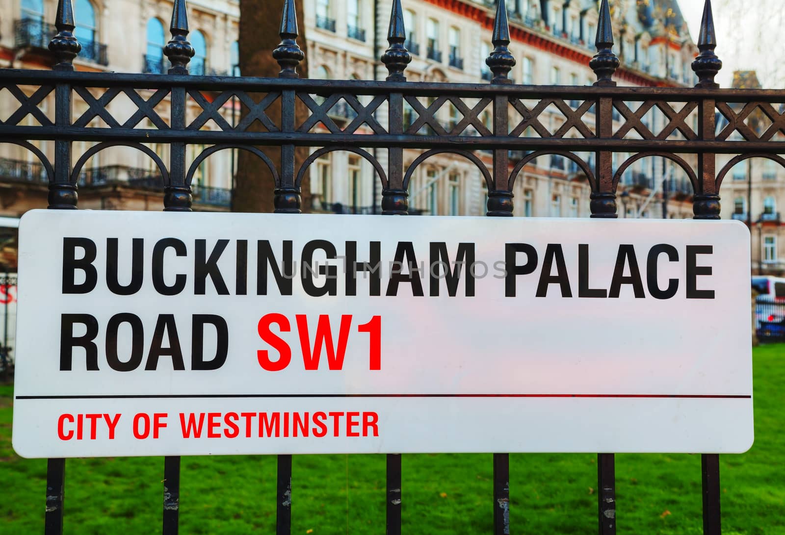 LONDON - APRIL12: Buckingham Palace Road sign on April 12, 2015 in London, UK. It's the London residence and principal workplace of the monarchy of the United Kingdom.
