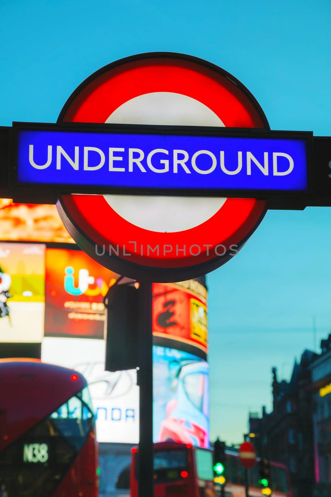 LONDON - APRIL 12: London underground sign at the Piccadilly Circus station on April 12, 2015 in London, UK. It's a road junction and public space of London's West End in the City of Westminster, built in 1819.